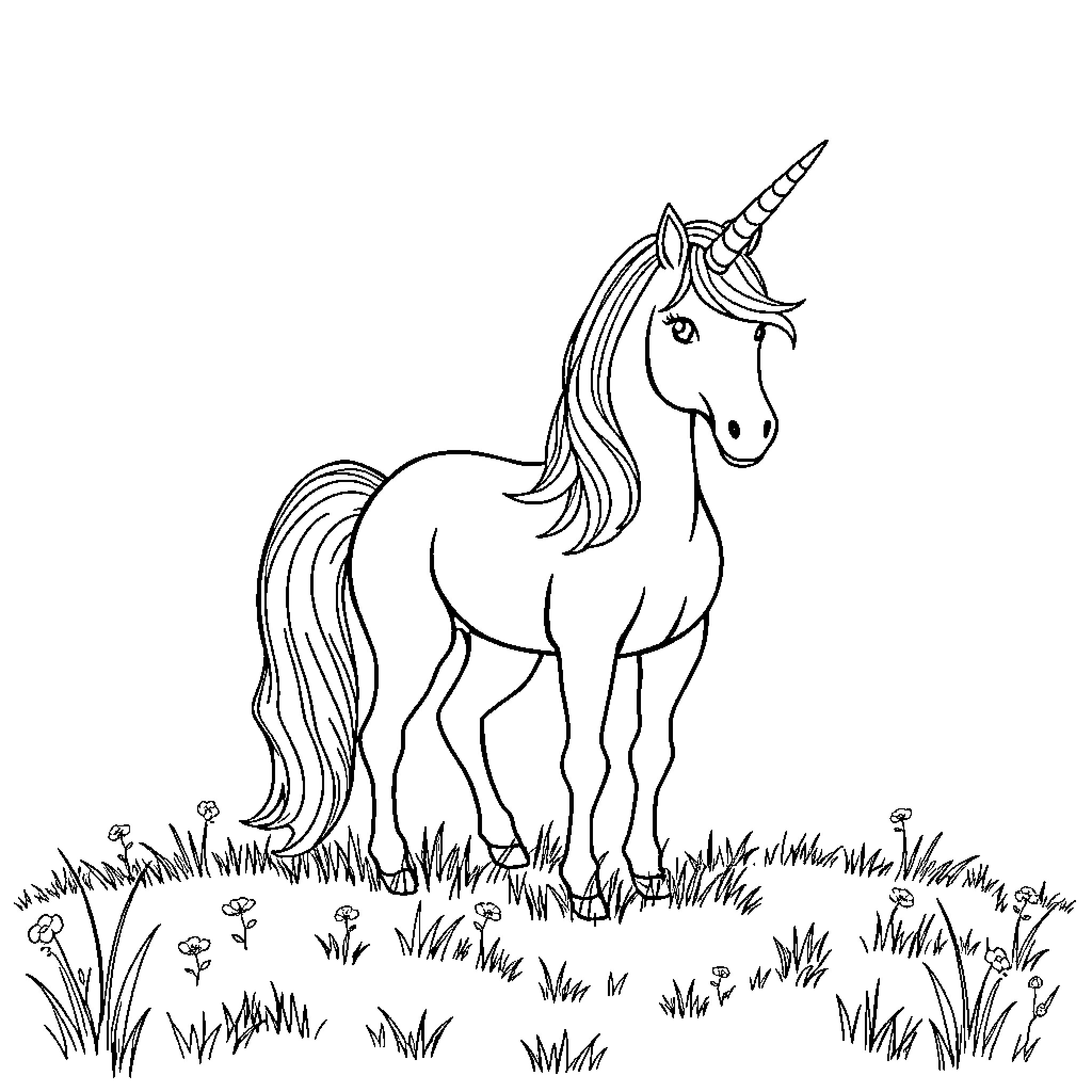 Unicorn standing amidst a floral meadow Coloring Page (free black-and-white line drawing printable PDF for all, from beginners to advanced learners, including children, teens, adults, and seniors)