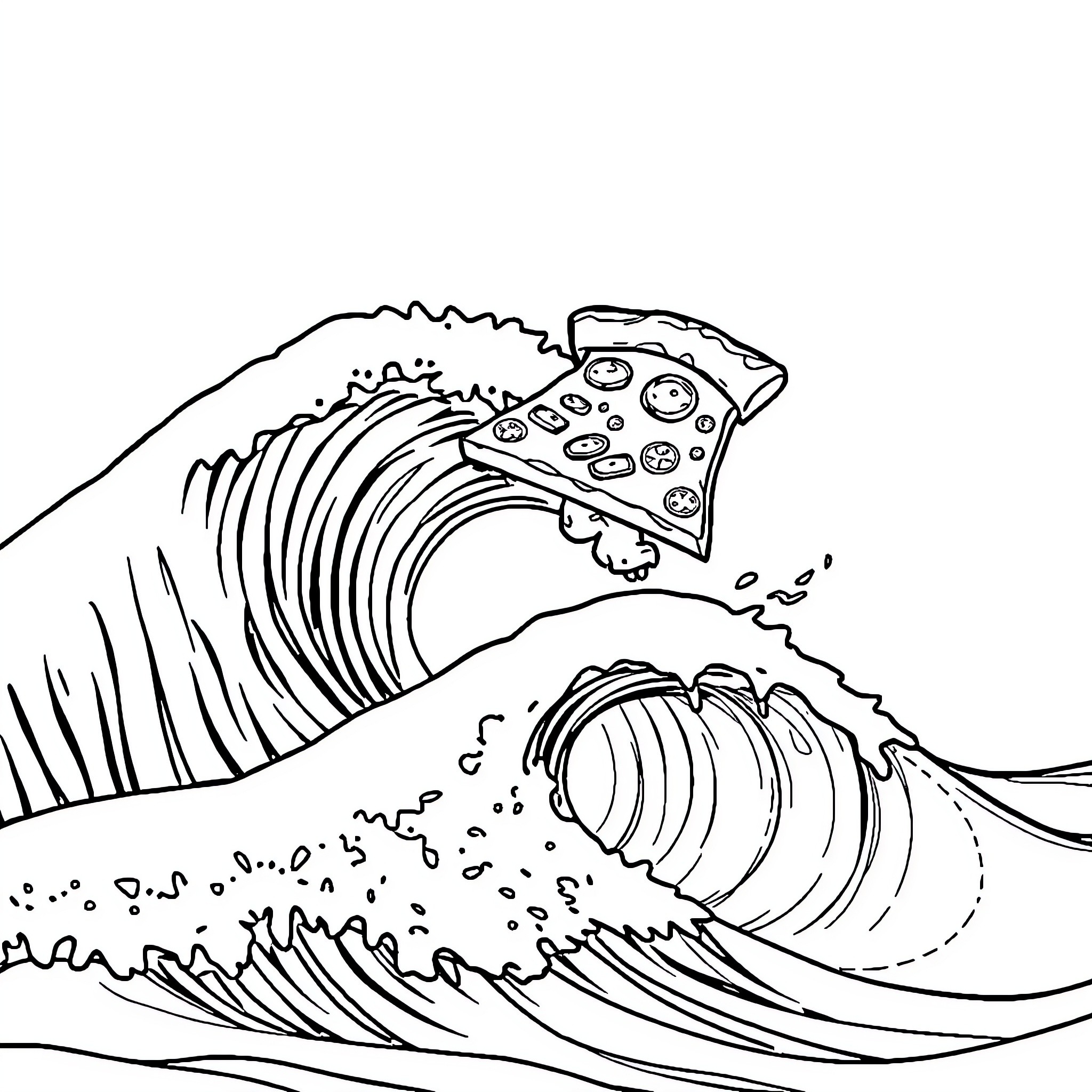 Pizza Surfing the Waves Coloring Page (free black-and-white line drawing printable PDF for all, from beginners to advanced learners, including children, teens, adults, and seniors)