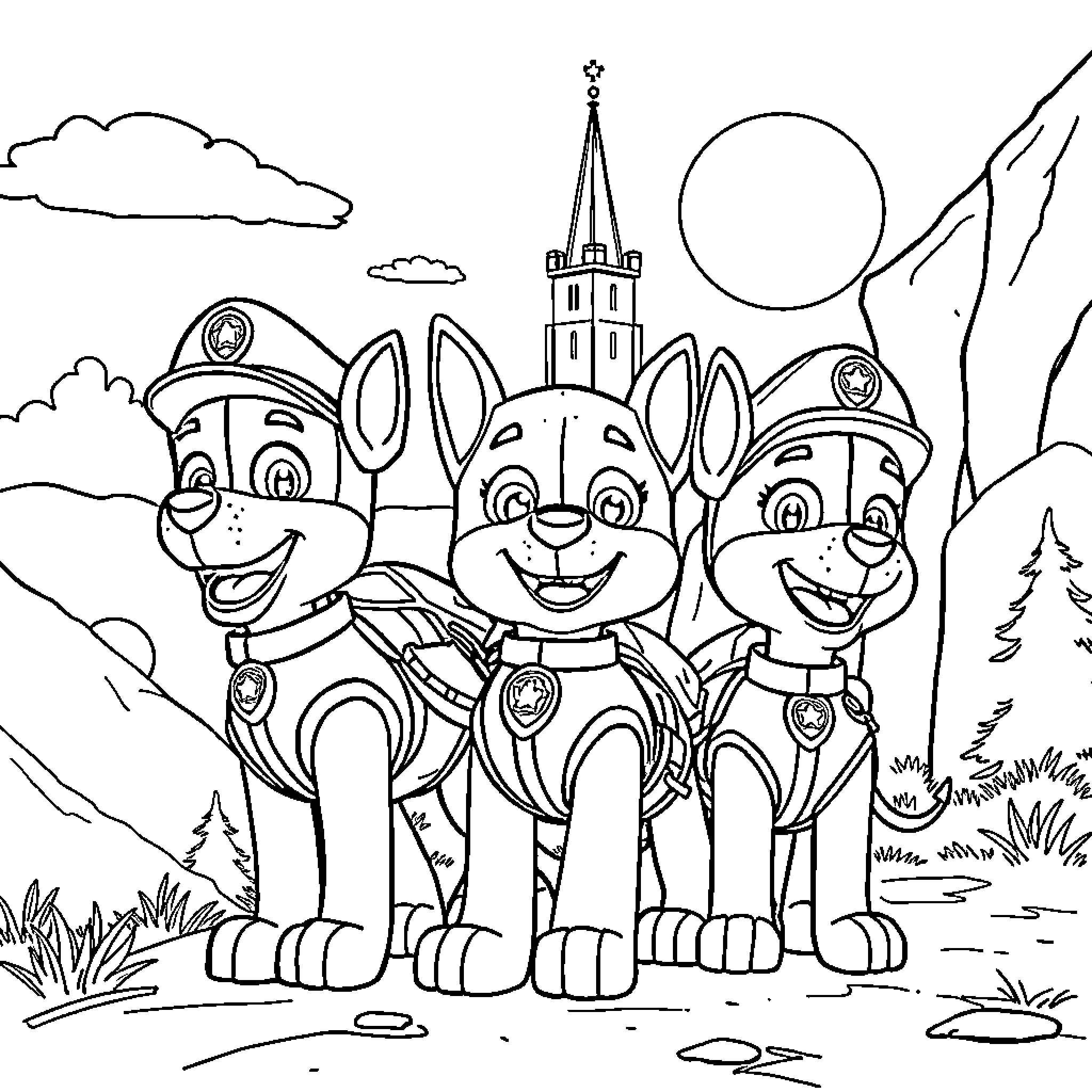 Paw Patrol Characters Exploring the Outdoors Coloring Page (free black-and-white line drawing printable PDF for all, from beginners to advanced learners, including children, teens, adults, and seniors)