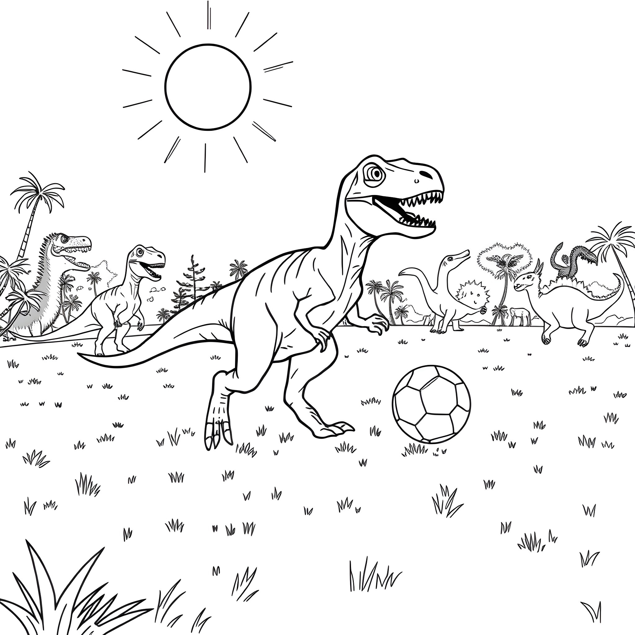 Velociraptor playing with a soccer ball in a lush dinosaur landscape Coloring Page (free black-and-white line drawing printable PDF for all, from beginners to advanced learners, including children, teens, adults, and seniors)