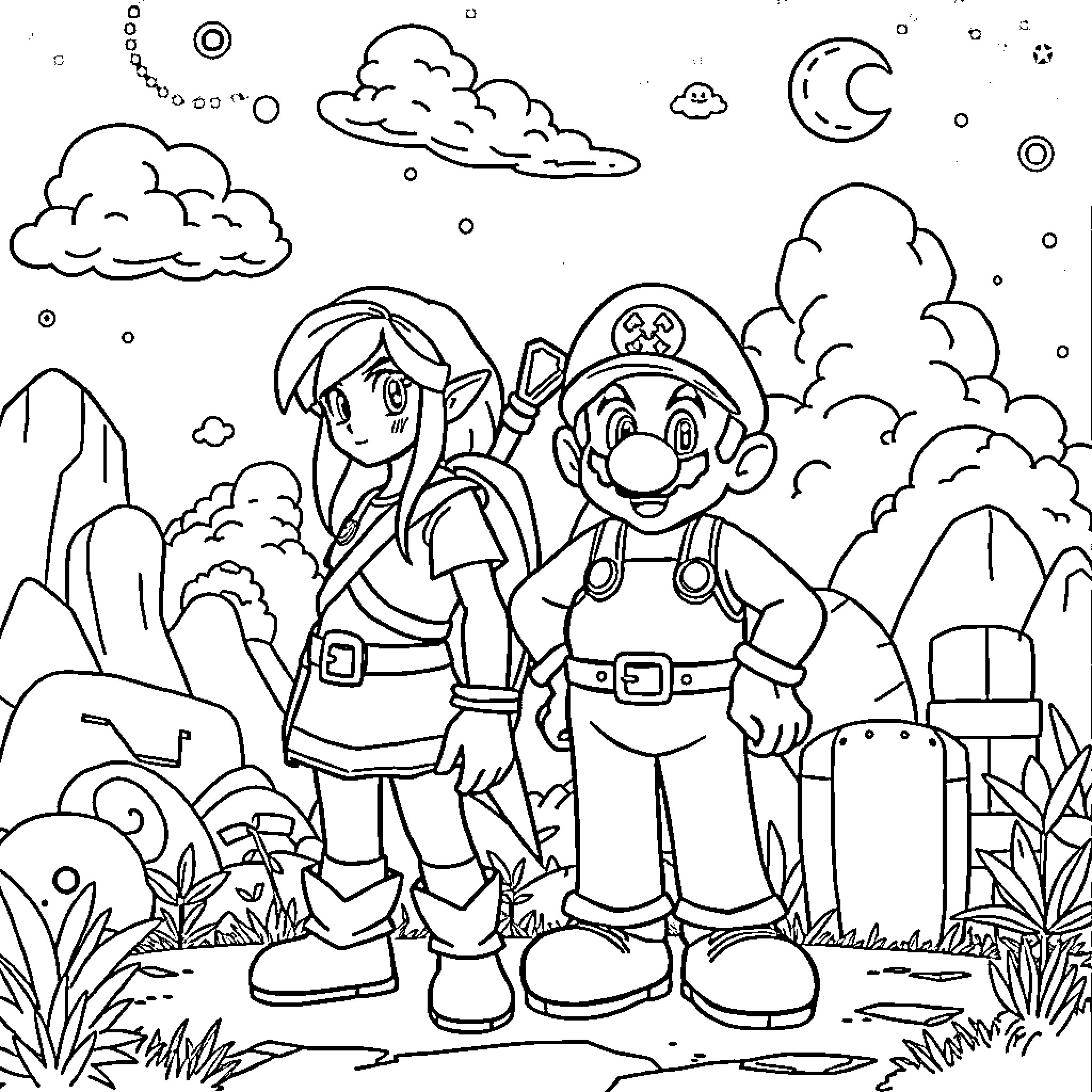 Zelda and Mario exploring the magical world Coloring Page (free black-and-white line drawing printable PDF for all, from beginners to advanced learners, including children, teens, adults, and seniors)
