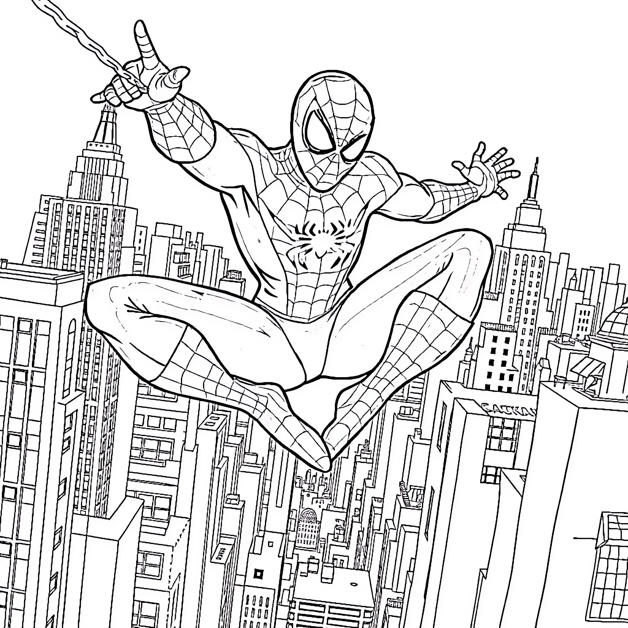 Spiderman swinging through the city skyline Coloring Page (free black-and-white line drawing printable PDF for all, from beginners to advanced learners, including children, teens, adults, and seniors)