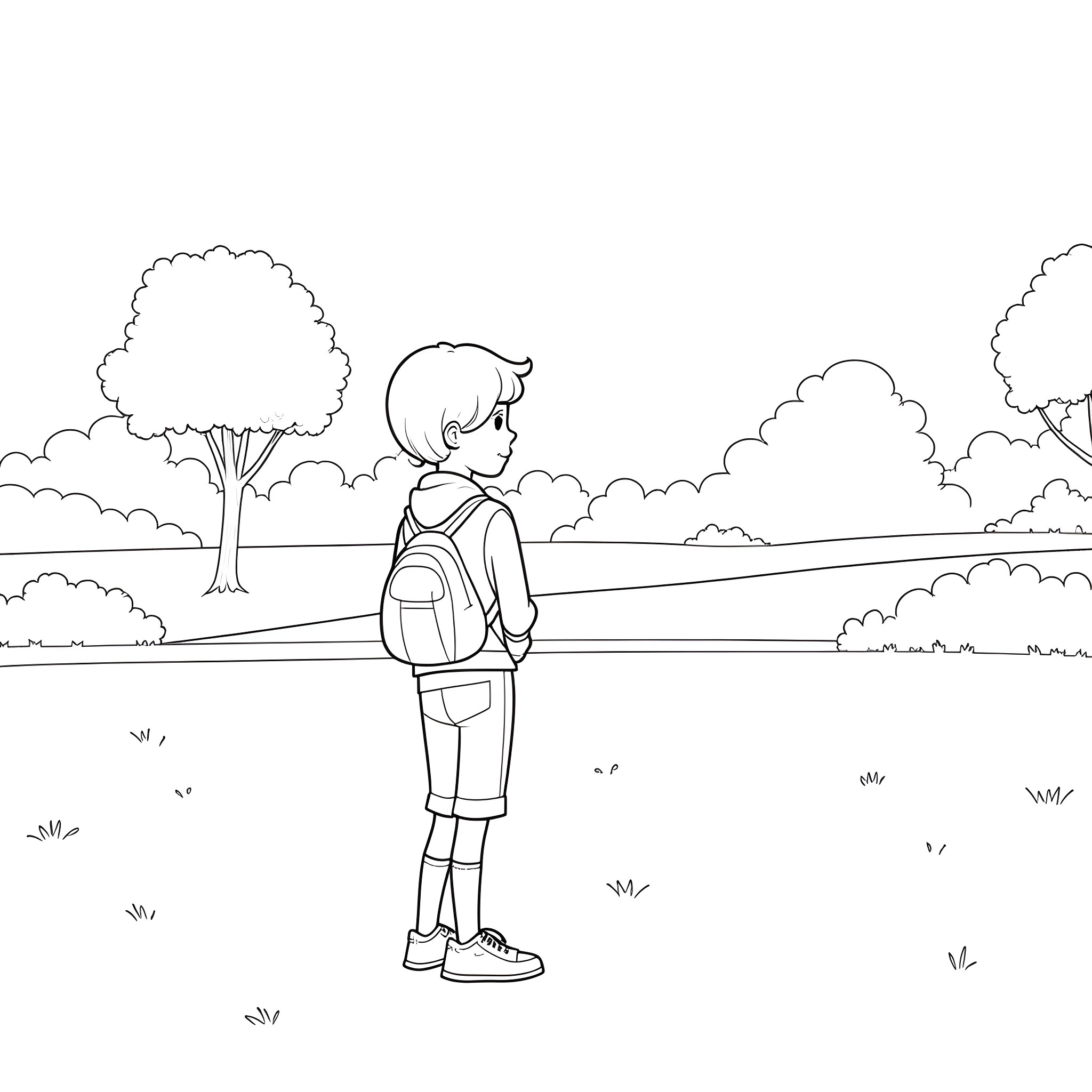 Jude exploring the serene outdoor landscape Coloring Page (free black-and-white line drawing printable PDF for all, from beginners to advanced learners, including children, teens, adults, and seniors)