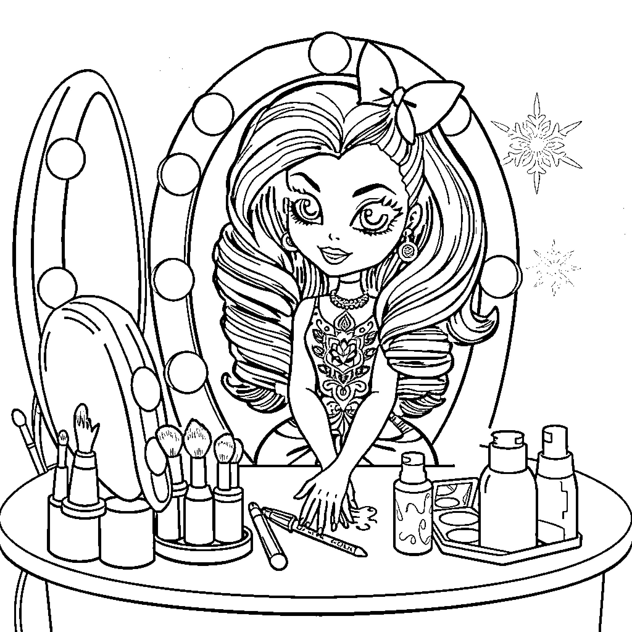 Bratz Doll applying makeup in front of vanity Coloring Page (free black-and-white line drawing printable PDF for all, from beginners to advanced learners, including children, teens, adults, and seniors)