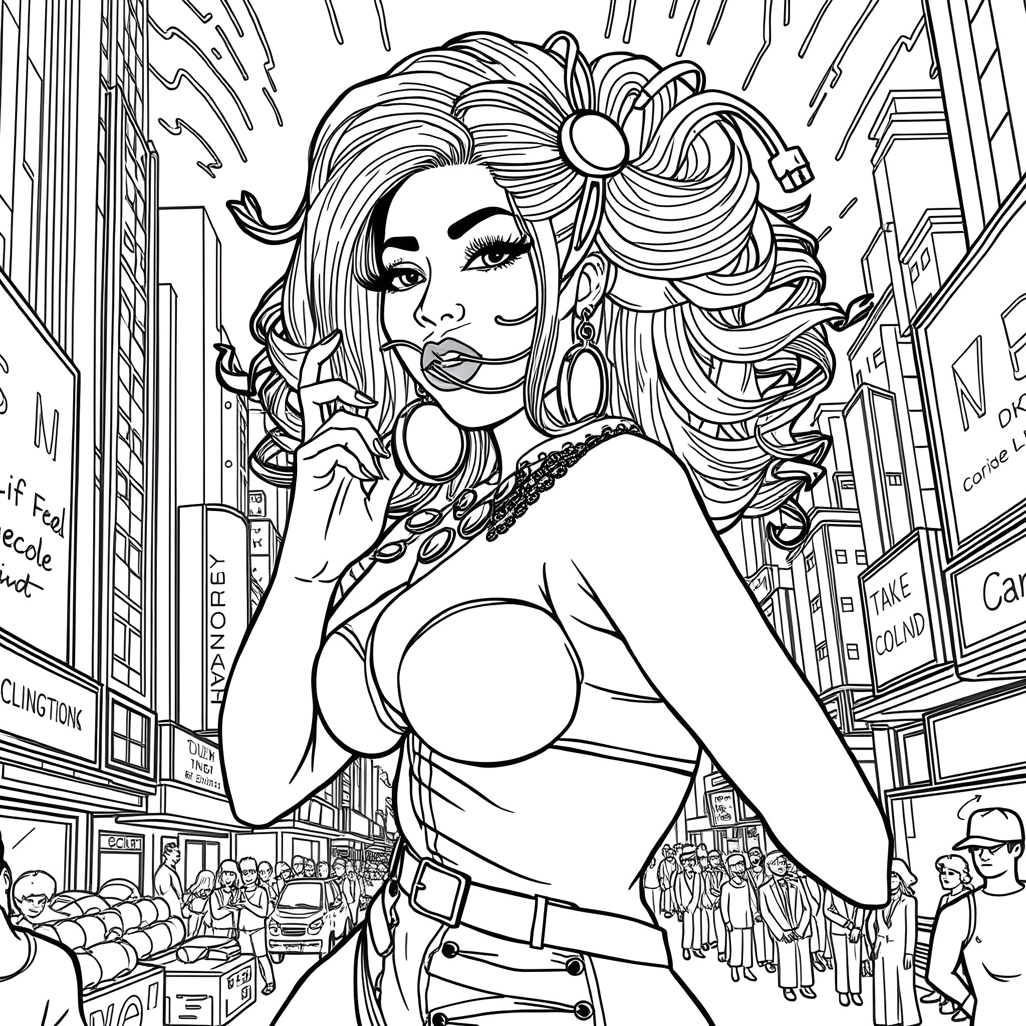 Nicki Minaj Striking a Pose in the City Coloring Page (free black-and-white line drawing printable PDF for all, from beginners to advanced learners, including children, teens, adults, and seniors)
