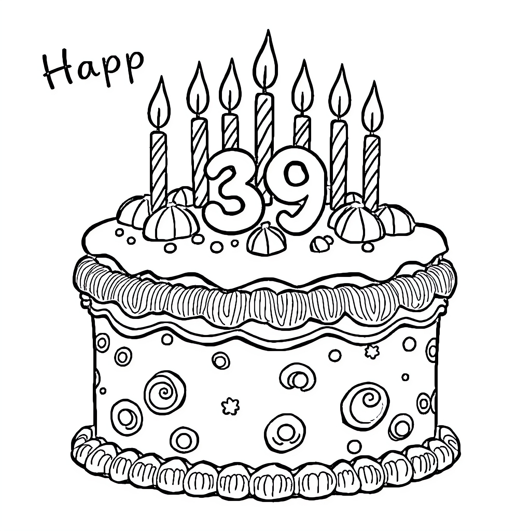 Birthday Cake with Candles and Decorations Coloring Page (free black-and-white line drawing printable PDF for all, from beginners to advanced learners, including children, teens, adults, and seniors)