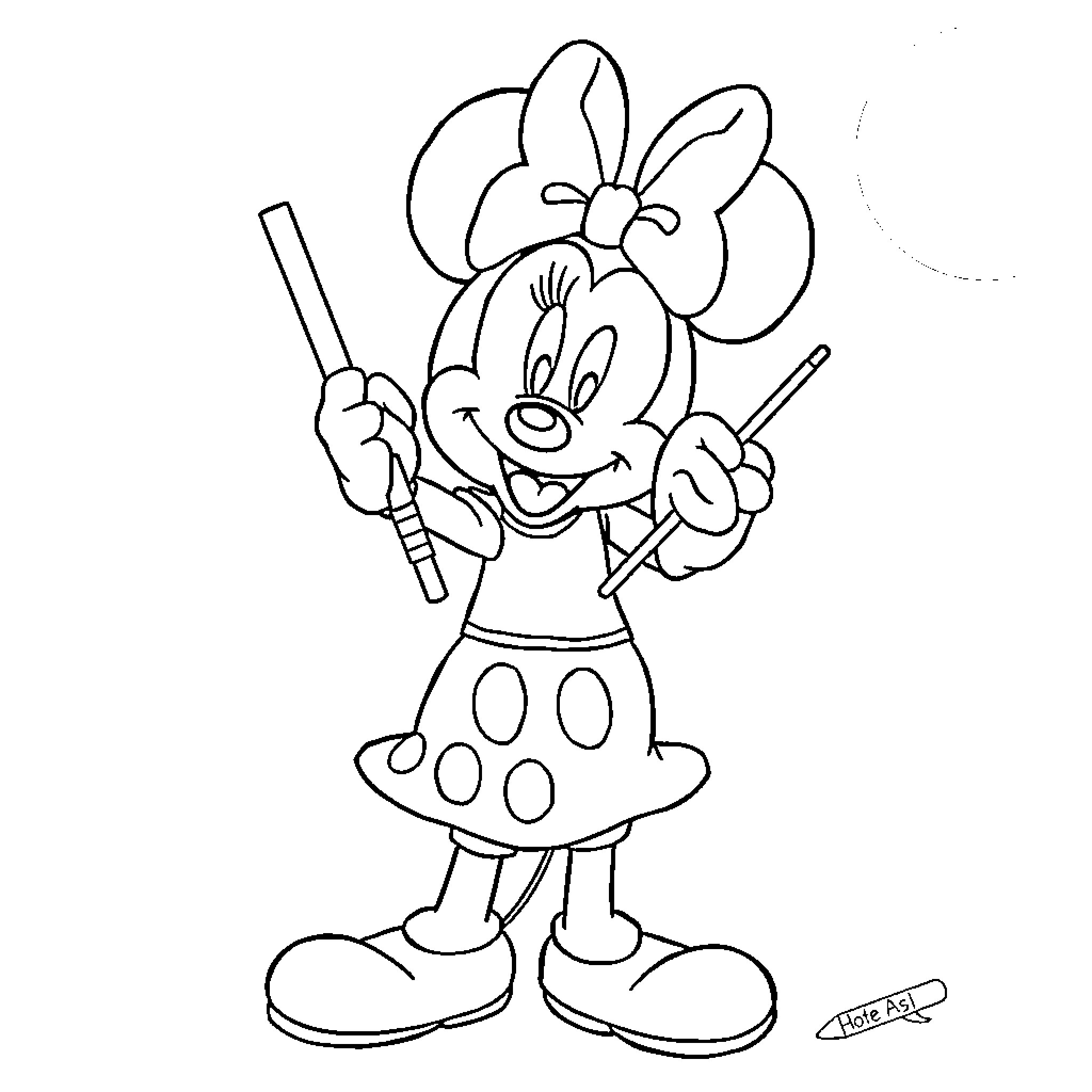 Mickey Mouse posing happily with painting brushes Coloring Page (free black-and-white line drawing printable PDF for all, from beginners to advanced learners, including children, teens, adults, and seniors)