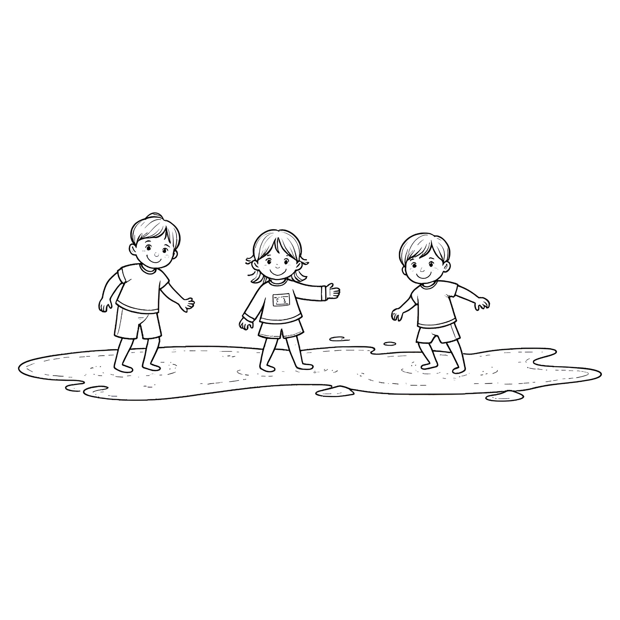 Kids playing happily in the rain Coloring Page (free black-and-white line drawing printable PDF for all, from beginners to advanced learners, including children, teens, adults, and seniors)