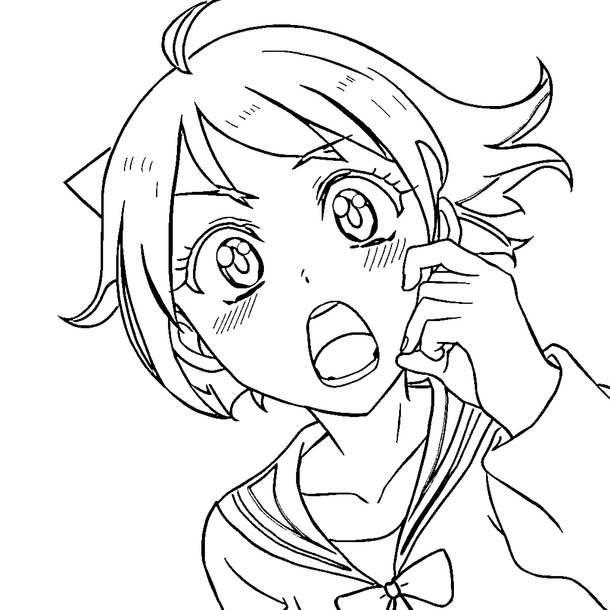 Anime Girl Expressing Surprise and Emotion Coloring Page (free black-and-white line drawing printable PDF for all, from beginners to advanced learners, including children, teens, adults, and seniors)