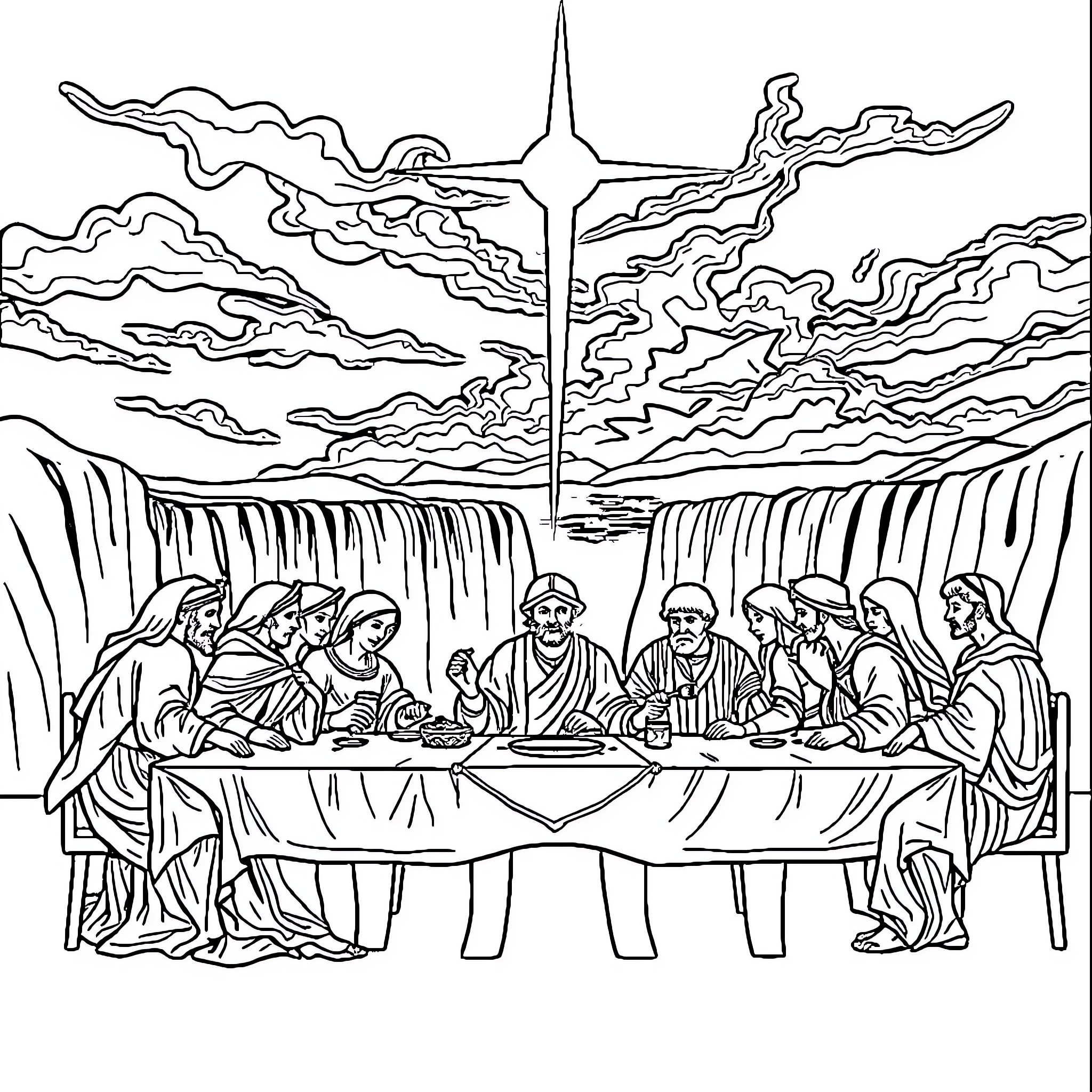 Last Supper with Dramatic Landscape Coloring Page (free black-and-white line drawing printable PDF for all, from beginners to advanced learners, including children, teens, adults, and seniors)
