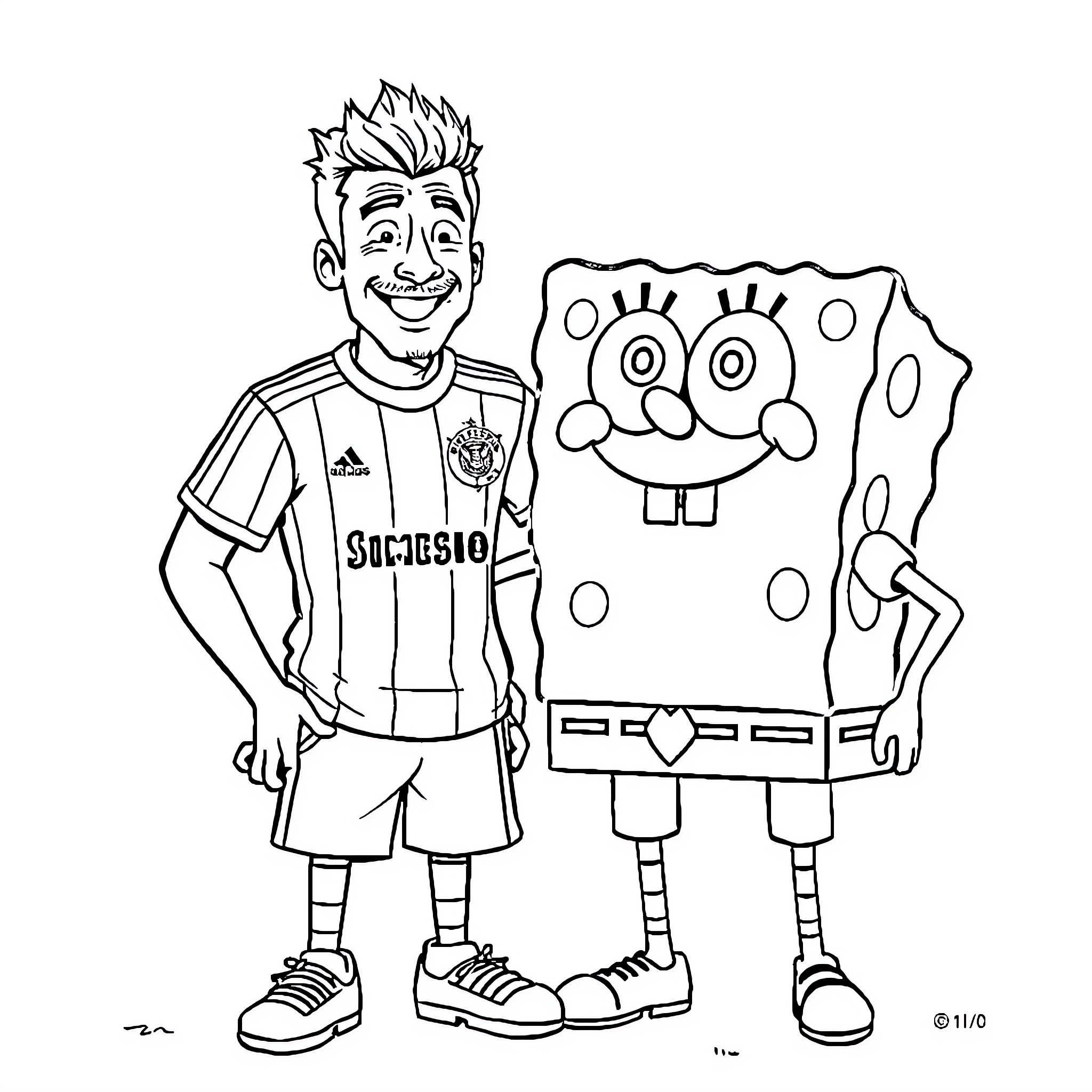 Griezmann with SpongeBob SquarePants in cartoon style Coloring Page (free black-and-white line drawing printable PDF for all, from beginners to advanced learners, including children, teens, adults, and seniors)