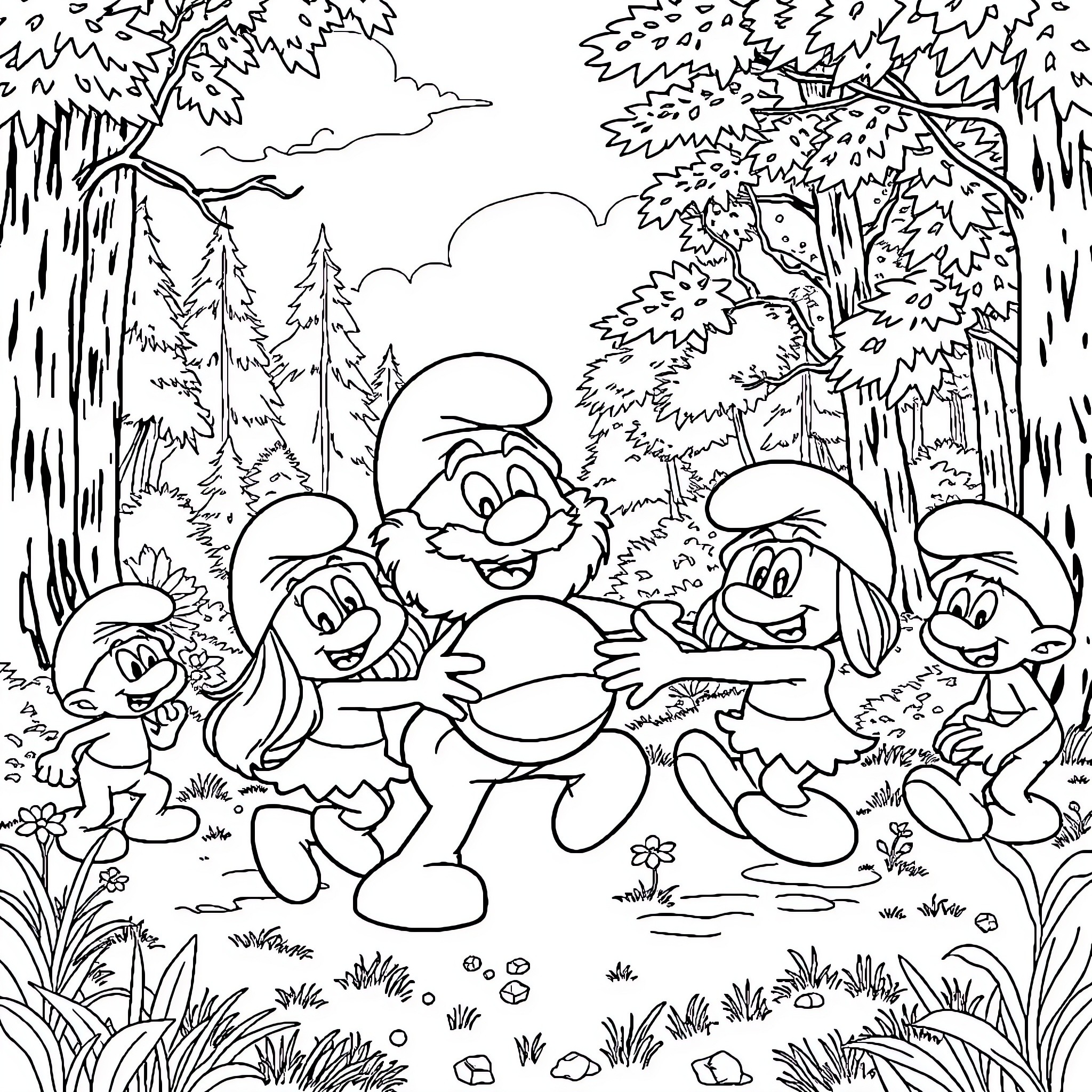 Smurf Friends Frolicking in the Forest Coloring Page (free black-and-white line drawing printable PDF for all, from beginners to advanced learners, including children, teens, adults, and seniors)