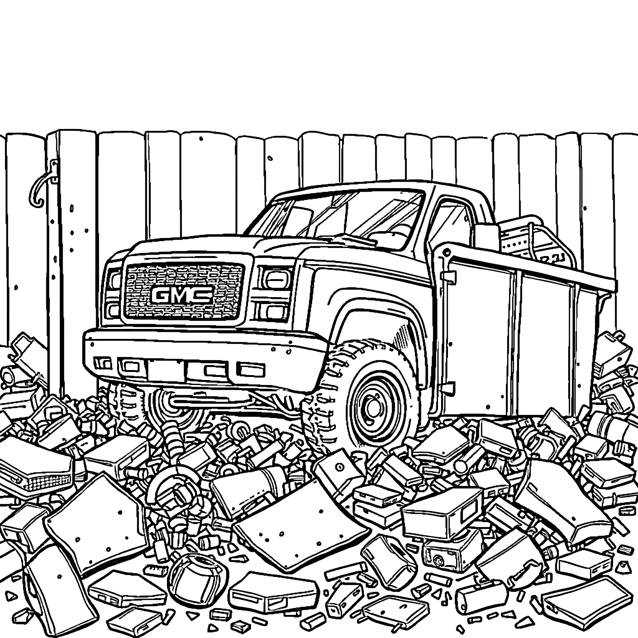 Pickup truck in a junkyard surrounded by scraps Coloring Page (free black-and-white line drawing printable PDF for all, from beginners to advanced learners, including children, teens, adults, and seniors)