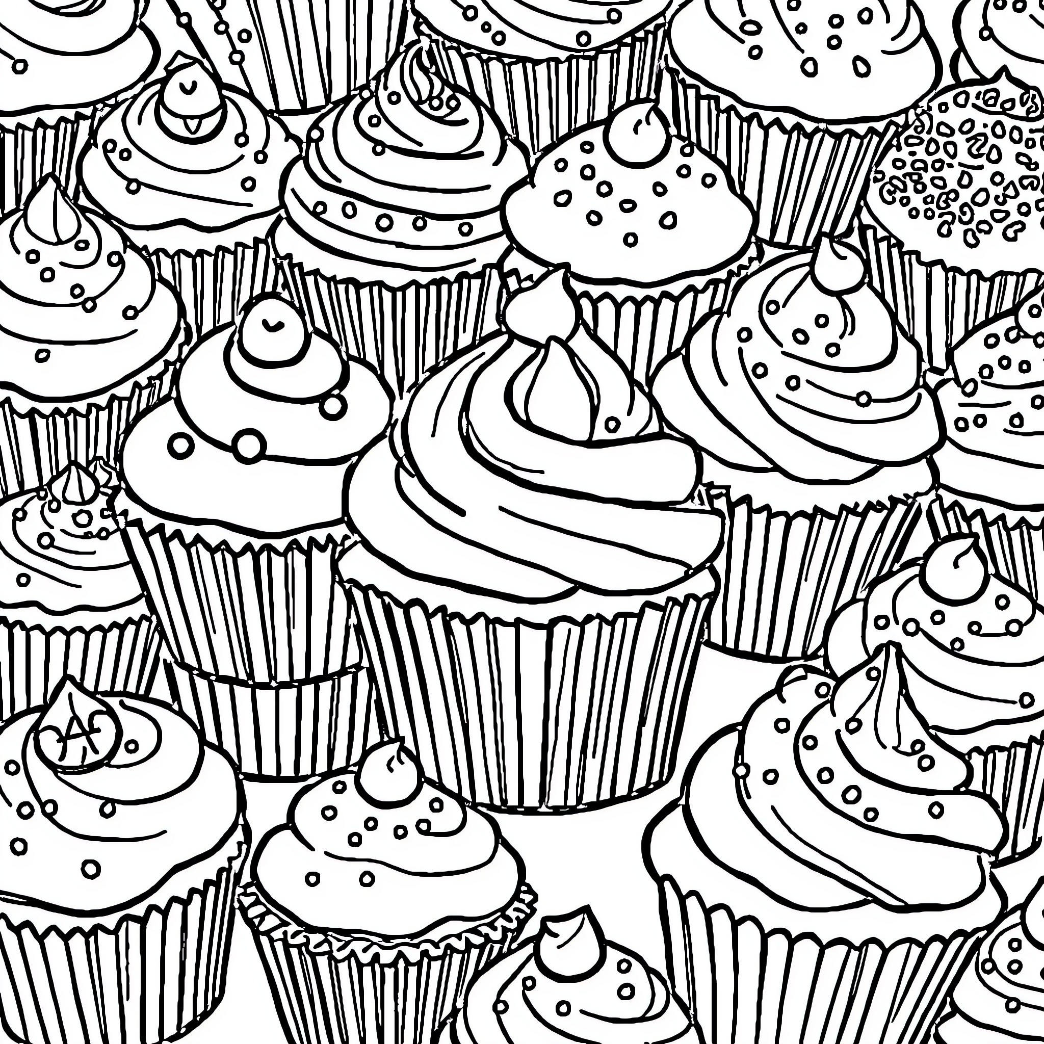Cupcake Delight: A Delectable Display of Sweets Coloring Page (free black-and-white line drawing printable PDF for all, from beginners to advanced learners, including children, teens, adults, and seniors)