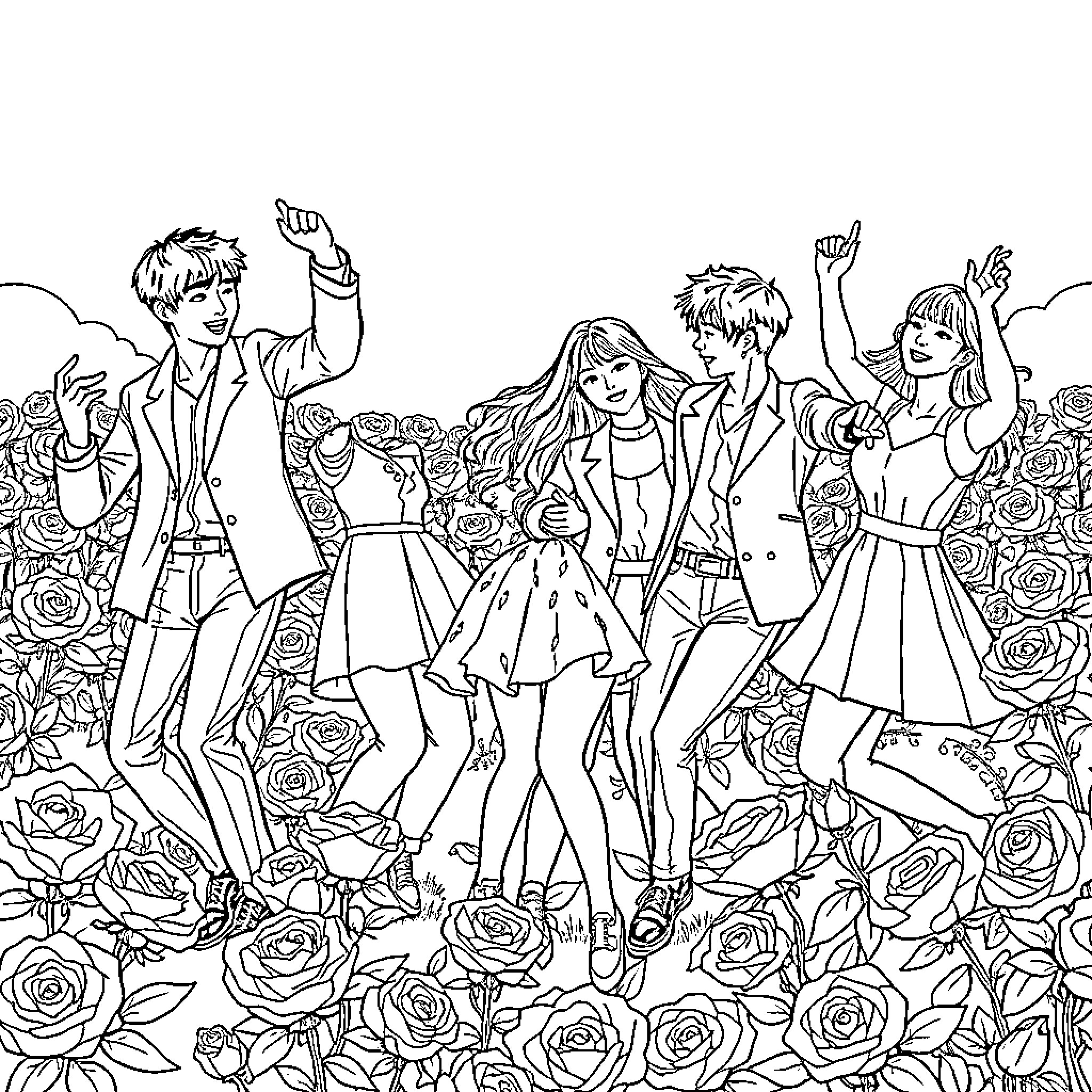 K Pop Performance with Energetic Dancers and Colorful Outfits Coloring Page (free black-and-white line drawing printable PDF for all, from beginners to advanced learners, including children, teens, adults, and seniors)