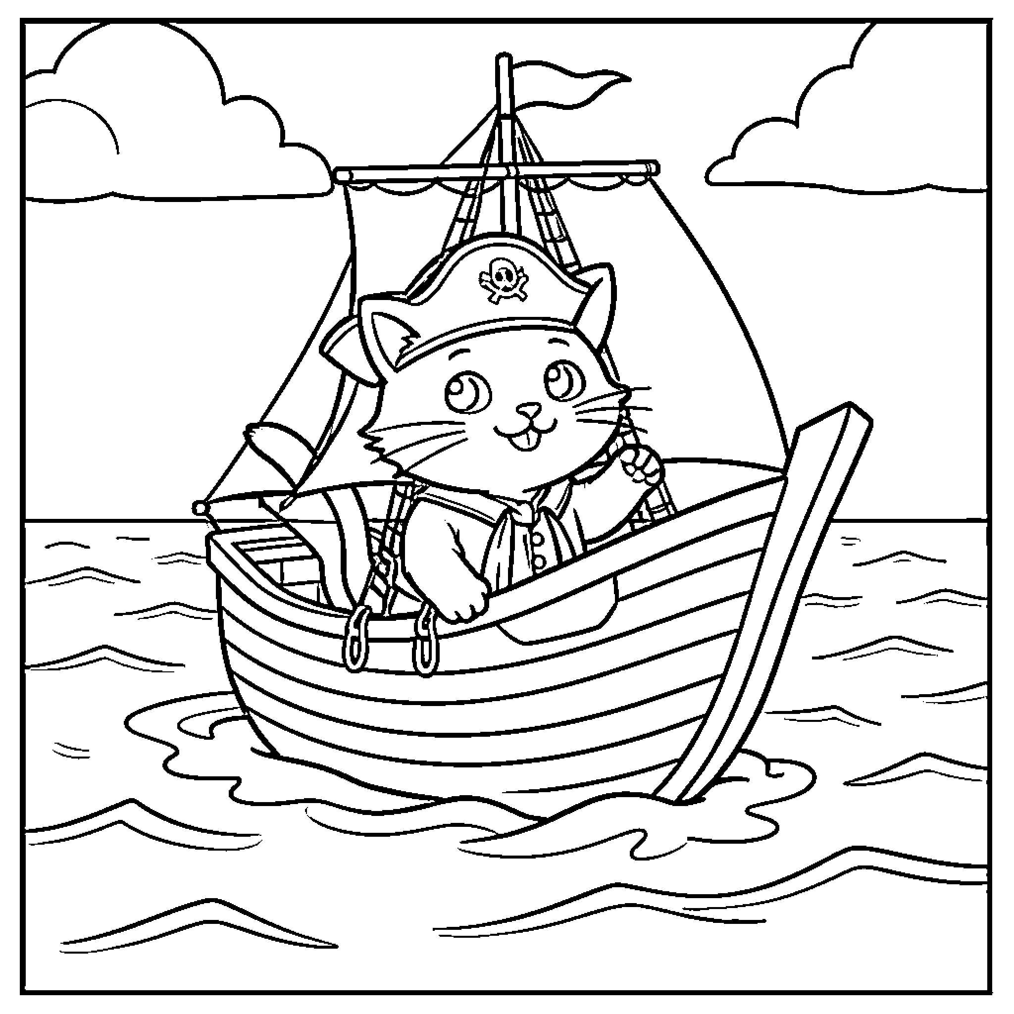 Pirate Cat sailing on a ship in the ocean Coloring Page (free black-and-white line drawing printable PDF for all, from beginners to advanced learners, including children, teens, adults, and seniors)