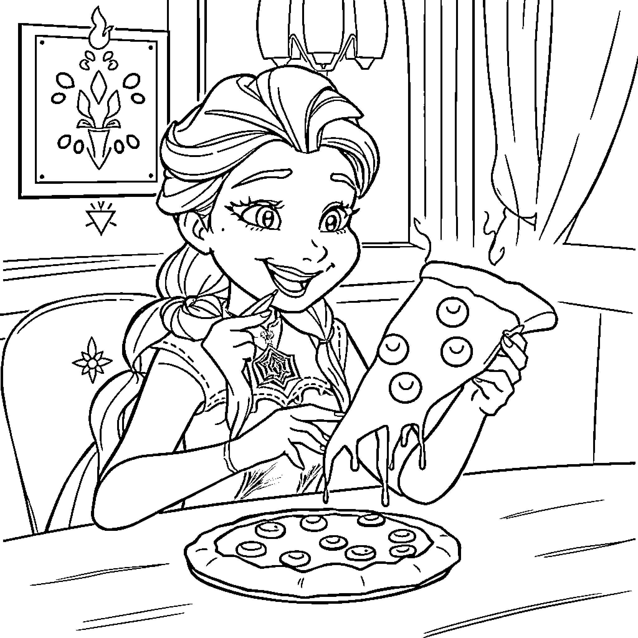 Elza baking cookies in the kitchen Coloring Page (free black-and-white line drawing printable PDF for all, from beginners to advanced learners, including children, teens, adults, and seniors)