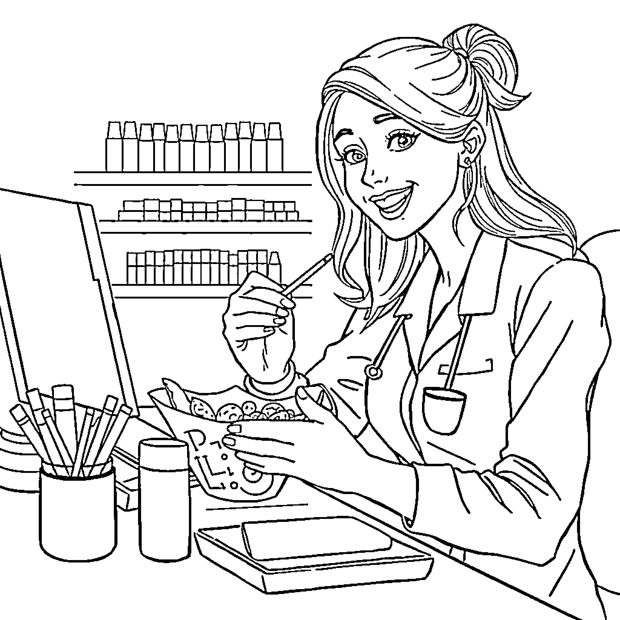 Nailtech applying nail polish in salon Coloring Page (free black-and-white line drawing printable PDF for all, from beginners to advanced learners, including children, teens, adults, and seniors)