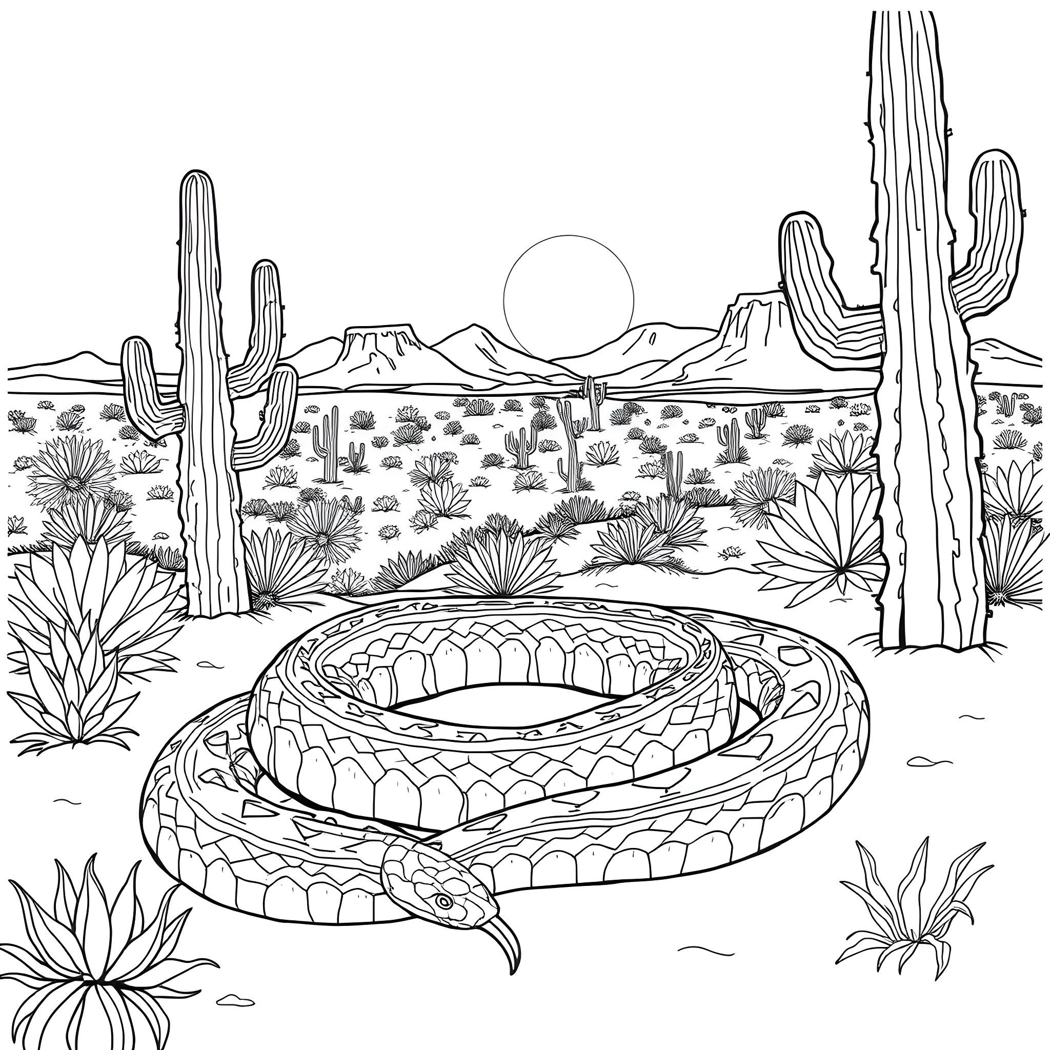 Rattlesnake coiled in the desert landscape Coloring Page (free black-and-white line drawing printable PDF for all, from beginners to advanced learners, including children, teens, adults, and seniors)