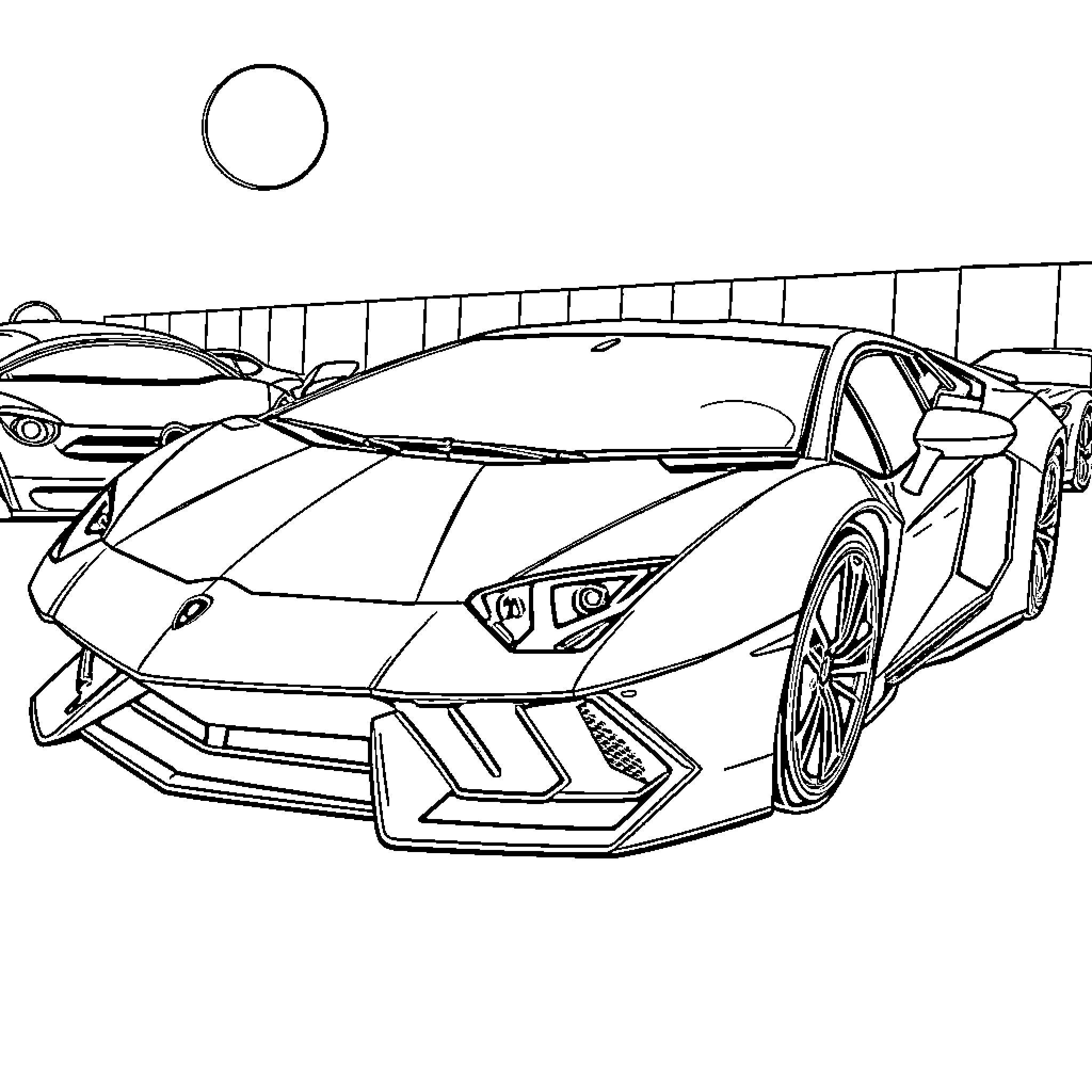 Lamborghini sports car in dynamic racing scene Coloring Page (free black-and-white line drawing printable PDF for all, from beginners to advanced learners, including children, teens, adults, and seniors)