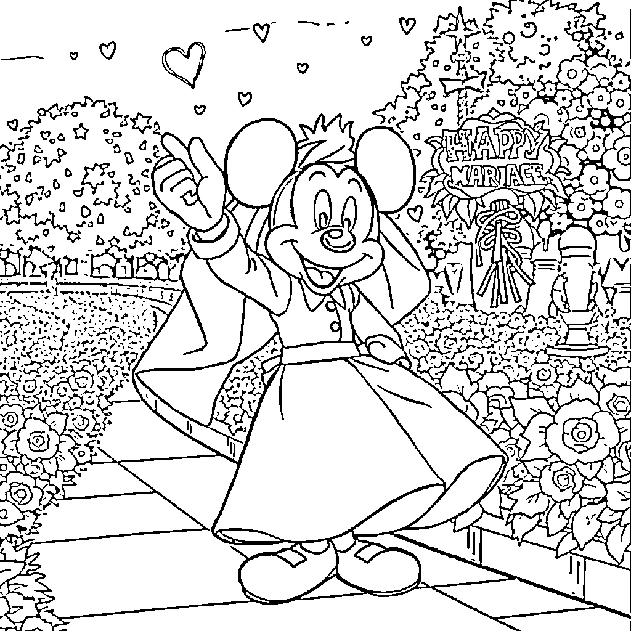 Disney Character in Happy Marriage Celebration Coloring Page (free black-and-white line drawing printable PDF for all, from beginners to advanced learners, including children, teens, adults, and seniors)