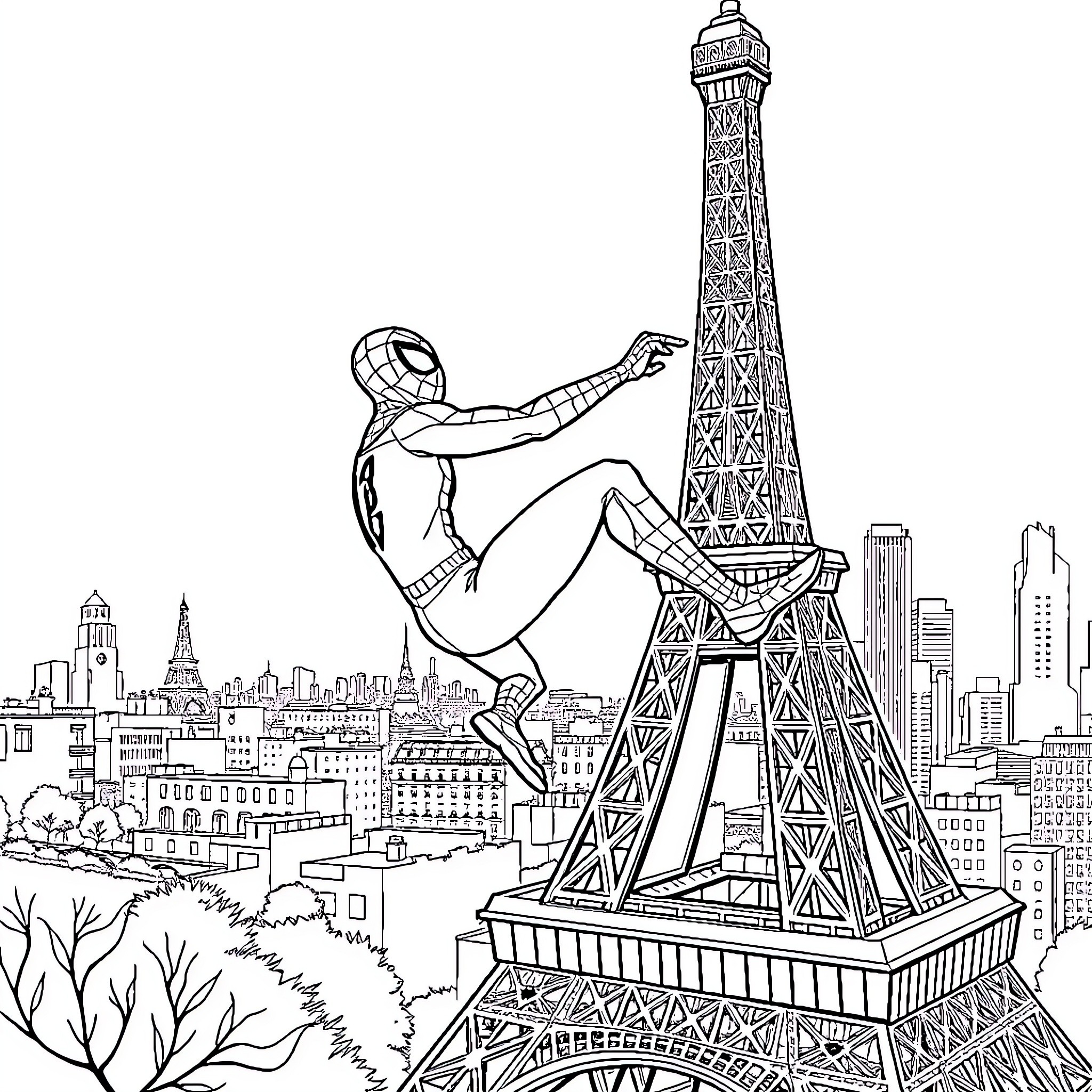 Spiderman swinging through the Paris skyline Coloring Page (free black-and-white line drawing printable PDF for all, from beginners to advanced learners, including children, teens, adults, and seniors)