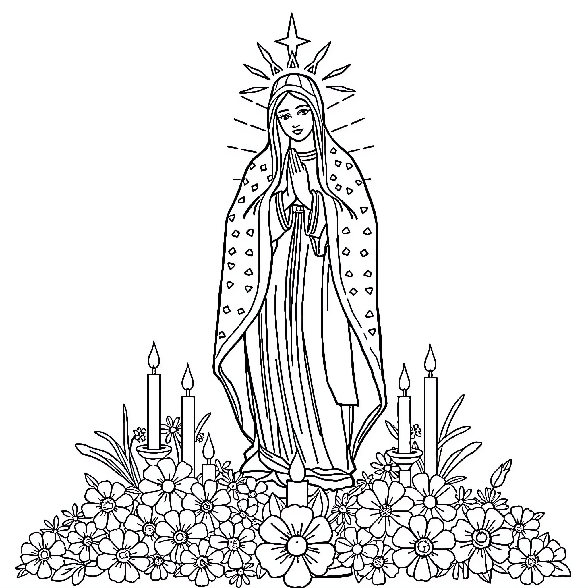 Virgin of Guadalupe praying amidst flowers and candles Coloring Page (free black-and-white line drawing printable PDF for all, from beginners to advanced learners, including children, teens, adults, and seniors)