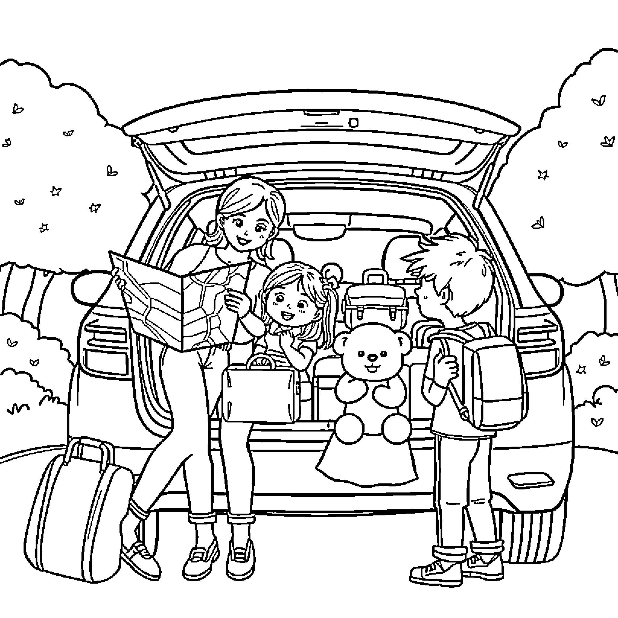Family Packing for Road Trip with Luggage and Toys Coloring Page (free black-and-white line drawing printable PDF for all, from beginners to advanced learners, including children, teens, adults, and seniors)