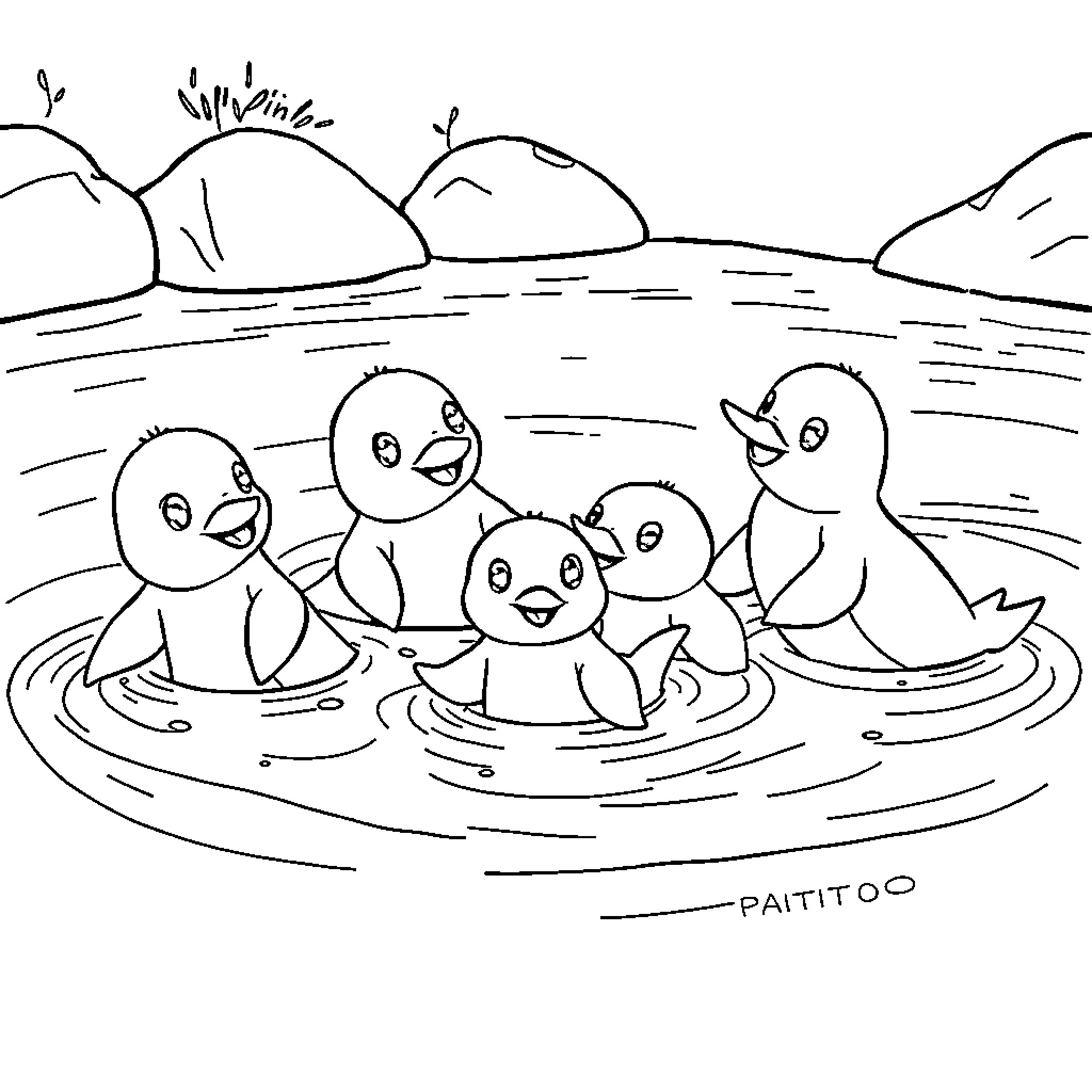 Ducklings swimming joyfully in the pond Coloring Page (free black-and-white line drawing printable PDF for all, from beginners to advanced learners, including children, teens, adults, and seniors)