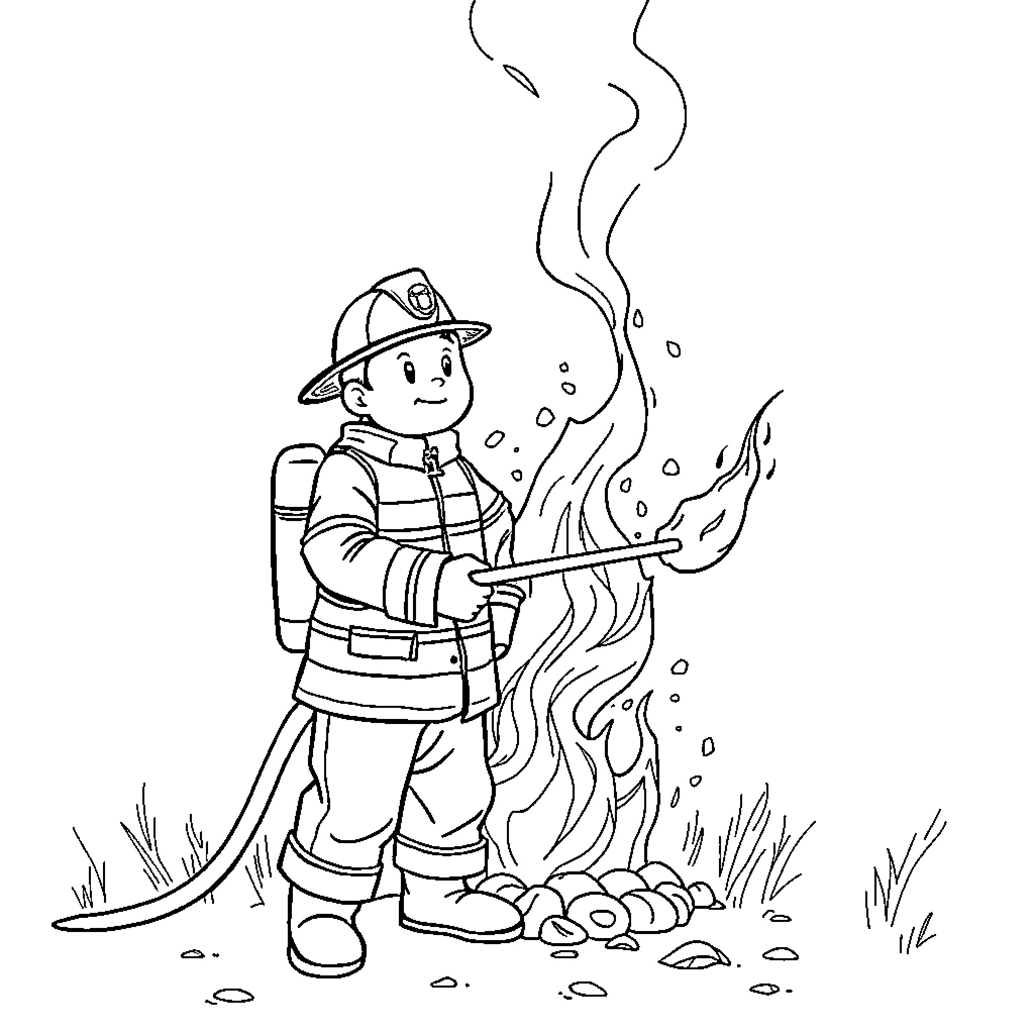 Pompier Firefighter Extinguishing Flames Coloring Page (free black-and-white line drawing printable PDF for all, from beginners to advanced learners, including children, teens, adults, and seniors)