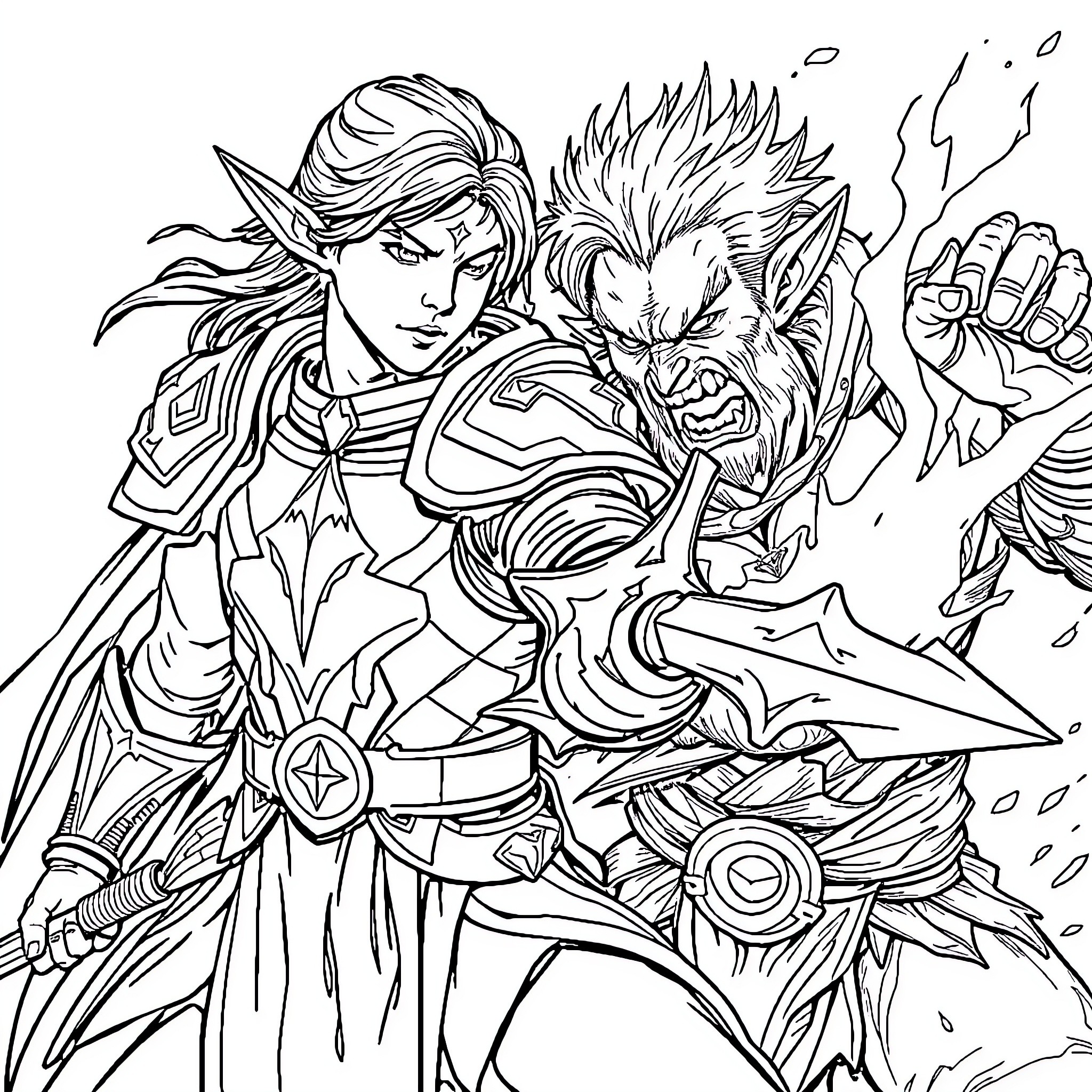 Elf warrior battling a ferocious beast Coloring Page (free black-and-white line drawing printable PDF for all, from beginners to advanced learners, including children, teens, adults, and seniors)