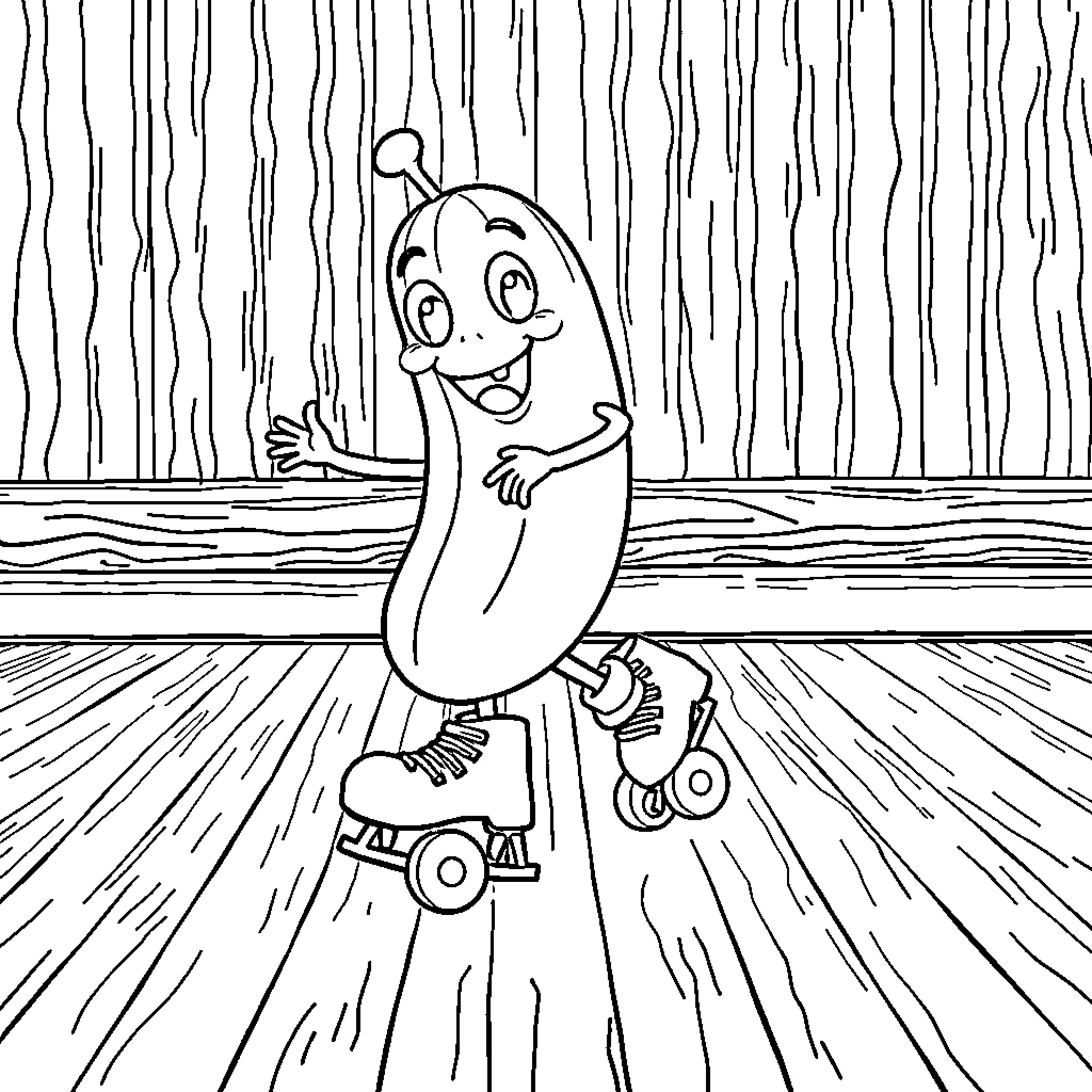 Pickle having a rollicking good time on roller skates Coloring Page (free black-and-white line drawing printable PDF for all, from beginners to advanced learners, including children, teens, adults, and seniors)