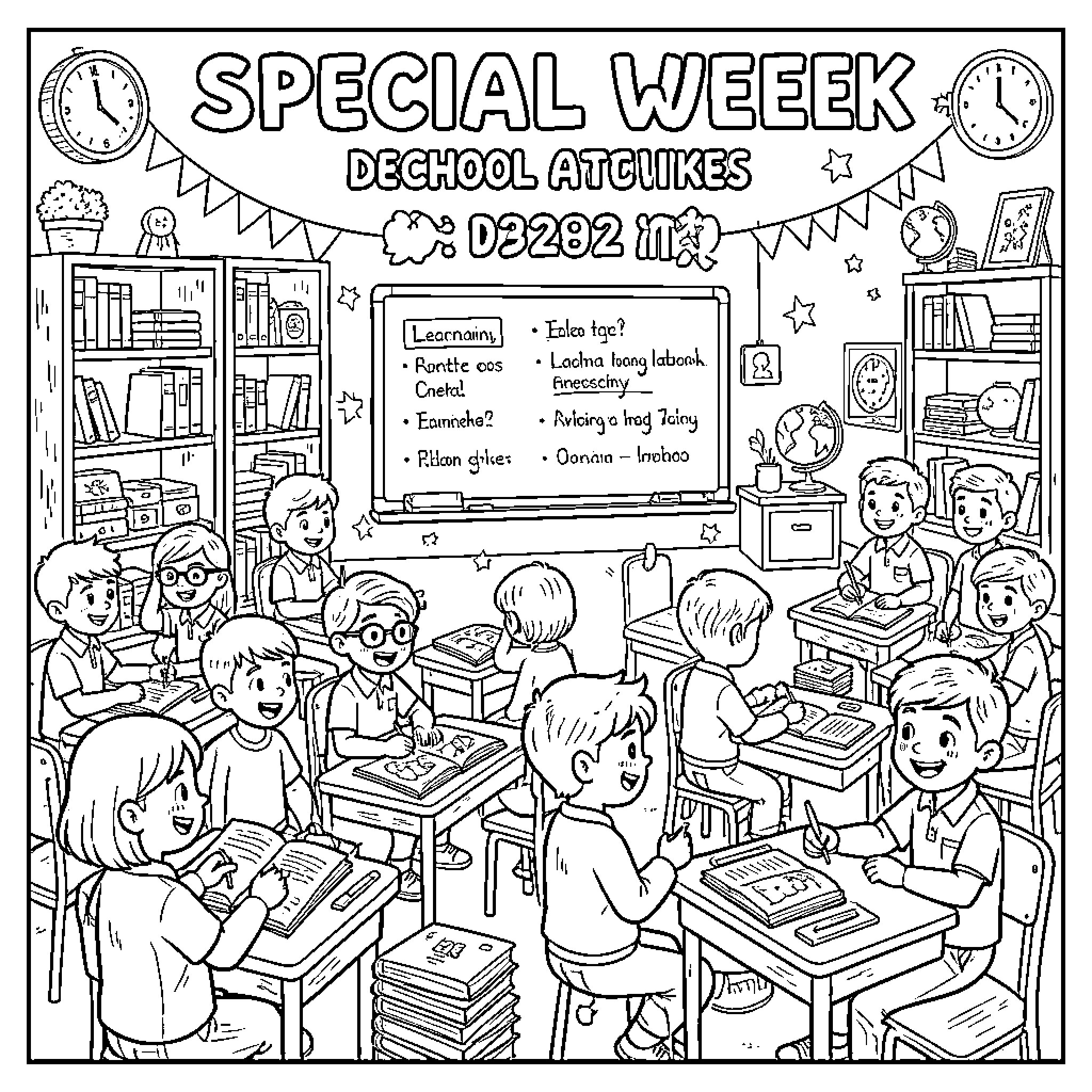 Education students studying and writing in a classroom Coloring Page (free black-and-white line drawing printable PDF for all, from beginners to advanced learners, including children, teens, adults, and seniors)
