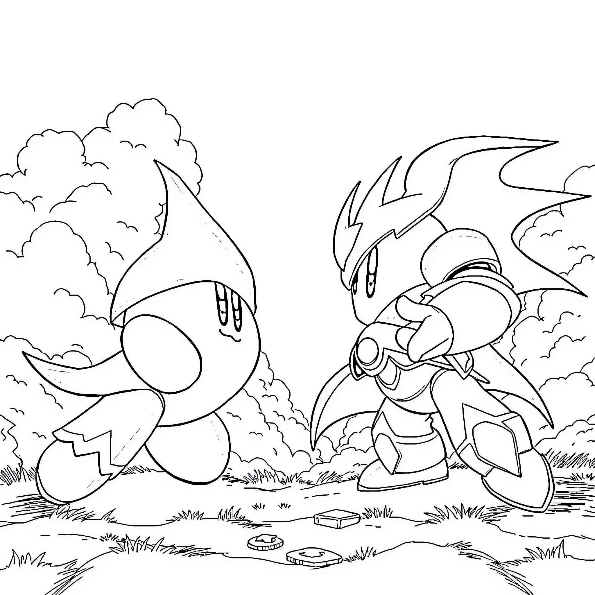 Kirby's Outdoor Adventure Coloring Page (free black-and-white line drawing printable PDF for all, from beginners to advanced learners, including children, teens, adults, and seniors)