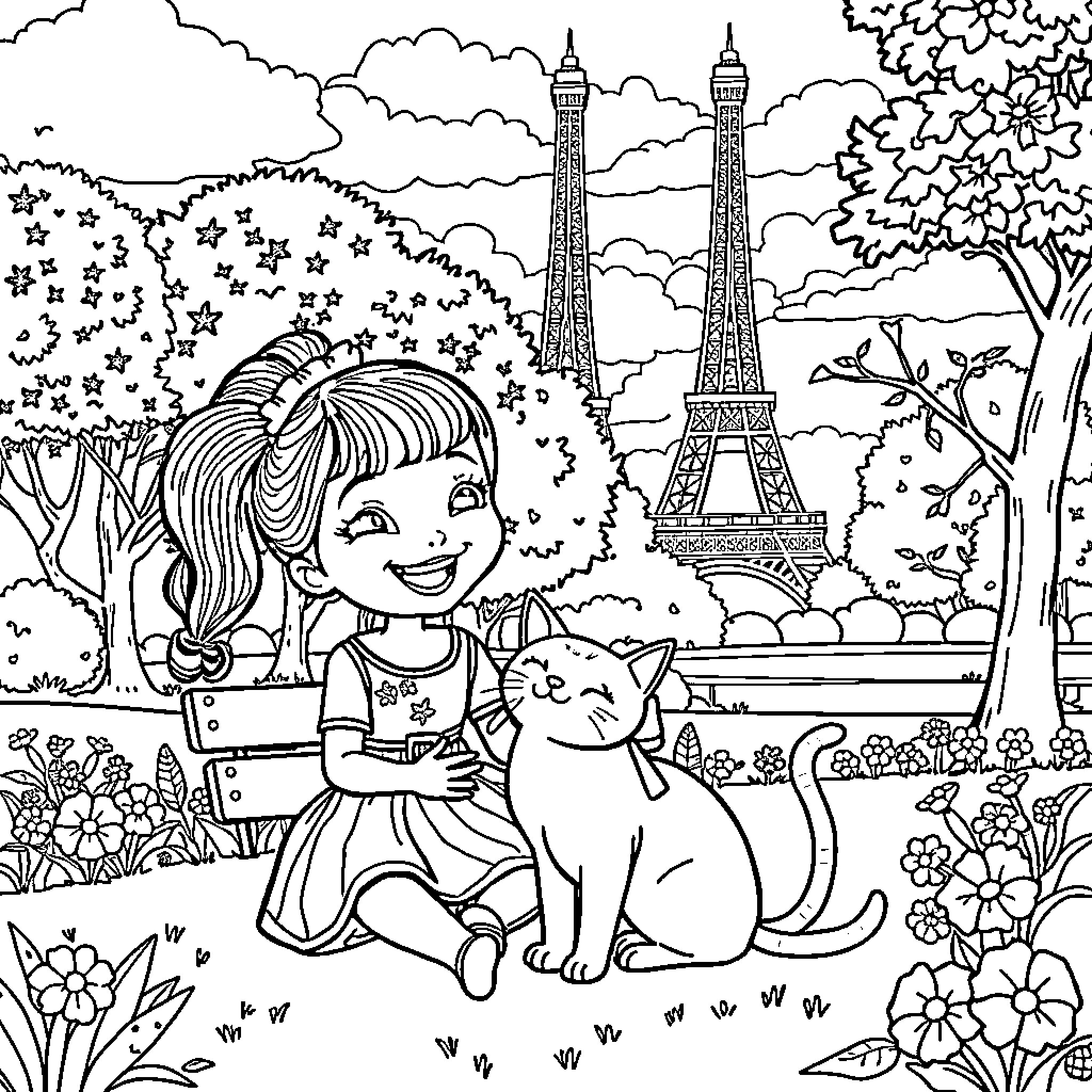 Gabby's Delightful Day in Paris with Her Furry Companion Coloring Page (free black-and-white line drawing printable PDF for all, from beginners to advanced learners, including children, teens, adults, and seniors)