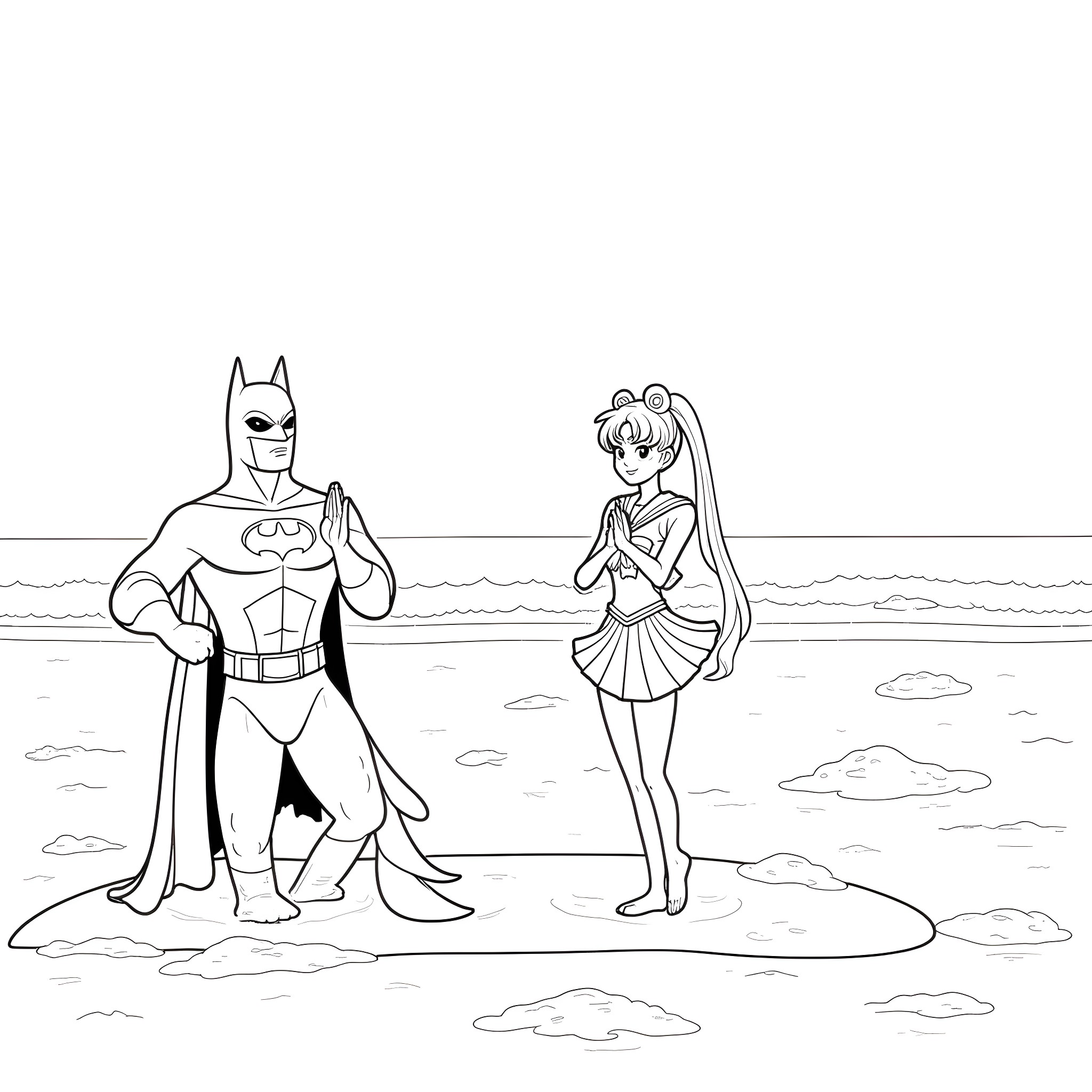 Batman and Sailor Moon in a Seaside Adventure Coloring Page (free black-and-white line drawing printable PDF for all, from beginners to advanced learners, including children, teens, adults, and seniors)