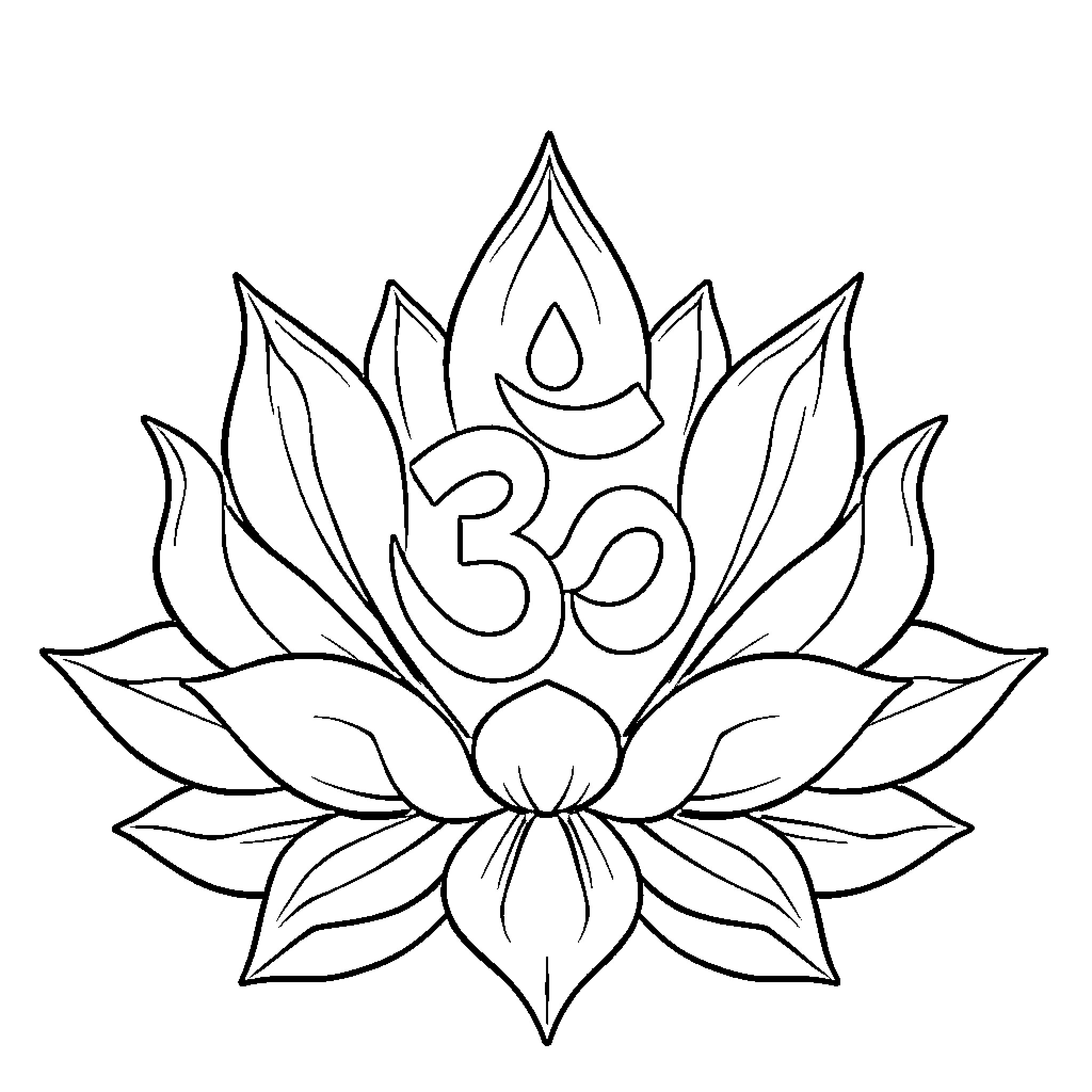 Aum Lotus Flower with Sacred Symbol Coloring Page (free black-and-white line drawing printable PDF for all, from beginners to advanced learners, including children, teens, adults, and seniors)