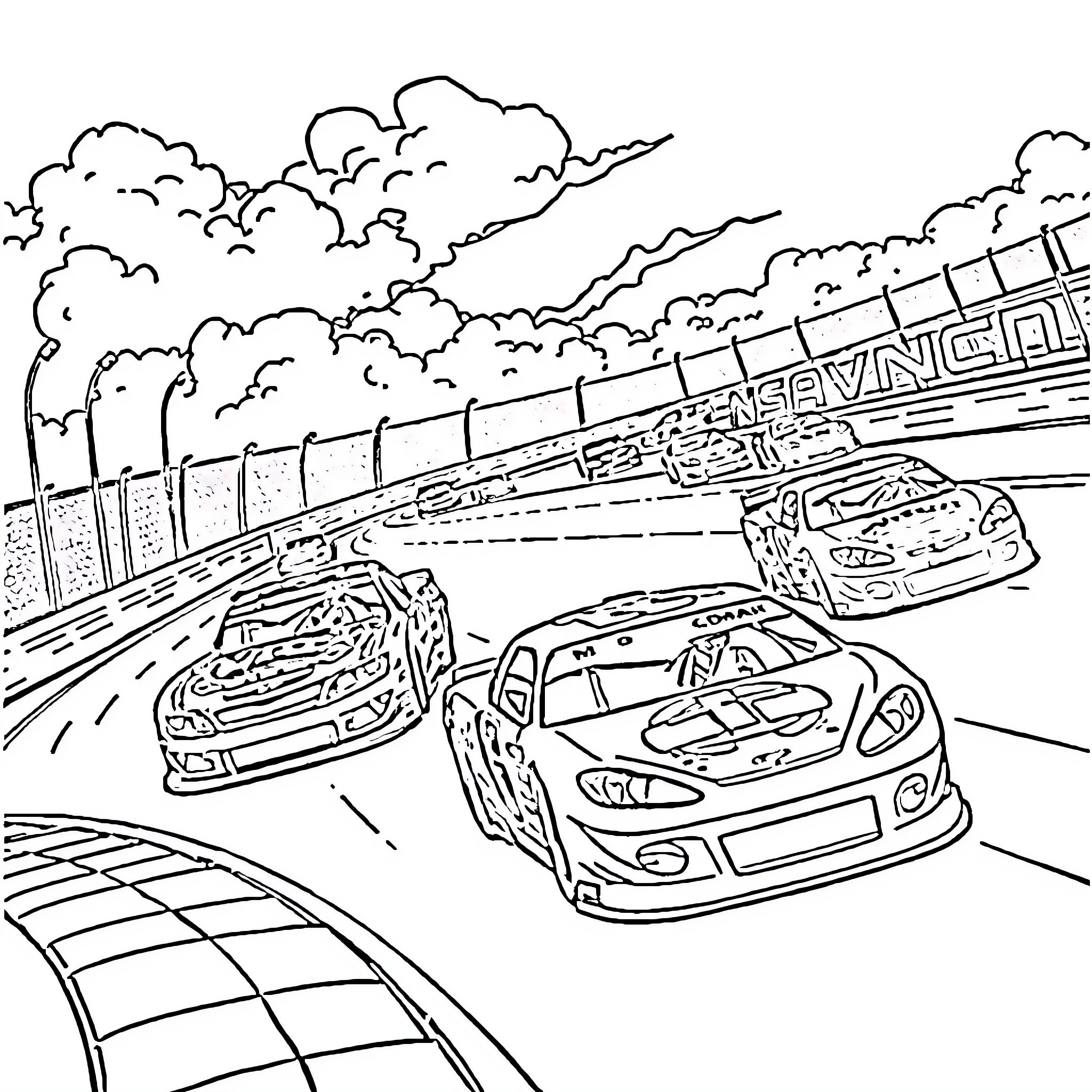 Nascar race with speeding cars on the track Coloring Page (free black-and-white line drawing printable PDF for all, from beginners to advanced learners, including children, teens, adults, and seniors)