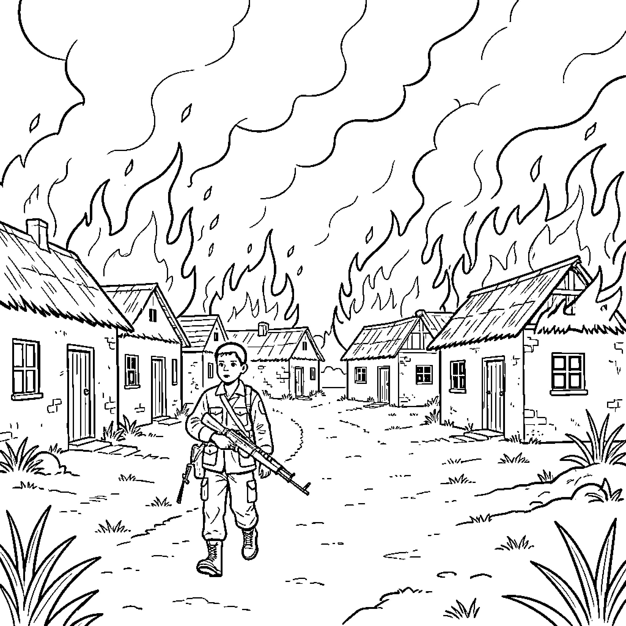 Ishmael Beah standing amidst burning village Coloring Page (free black-and-white line drawing printable PDF for all, from beginners to advanced learners, including children, teens, adults, and seniors)