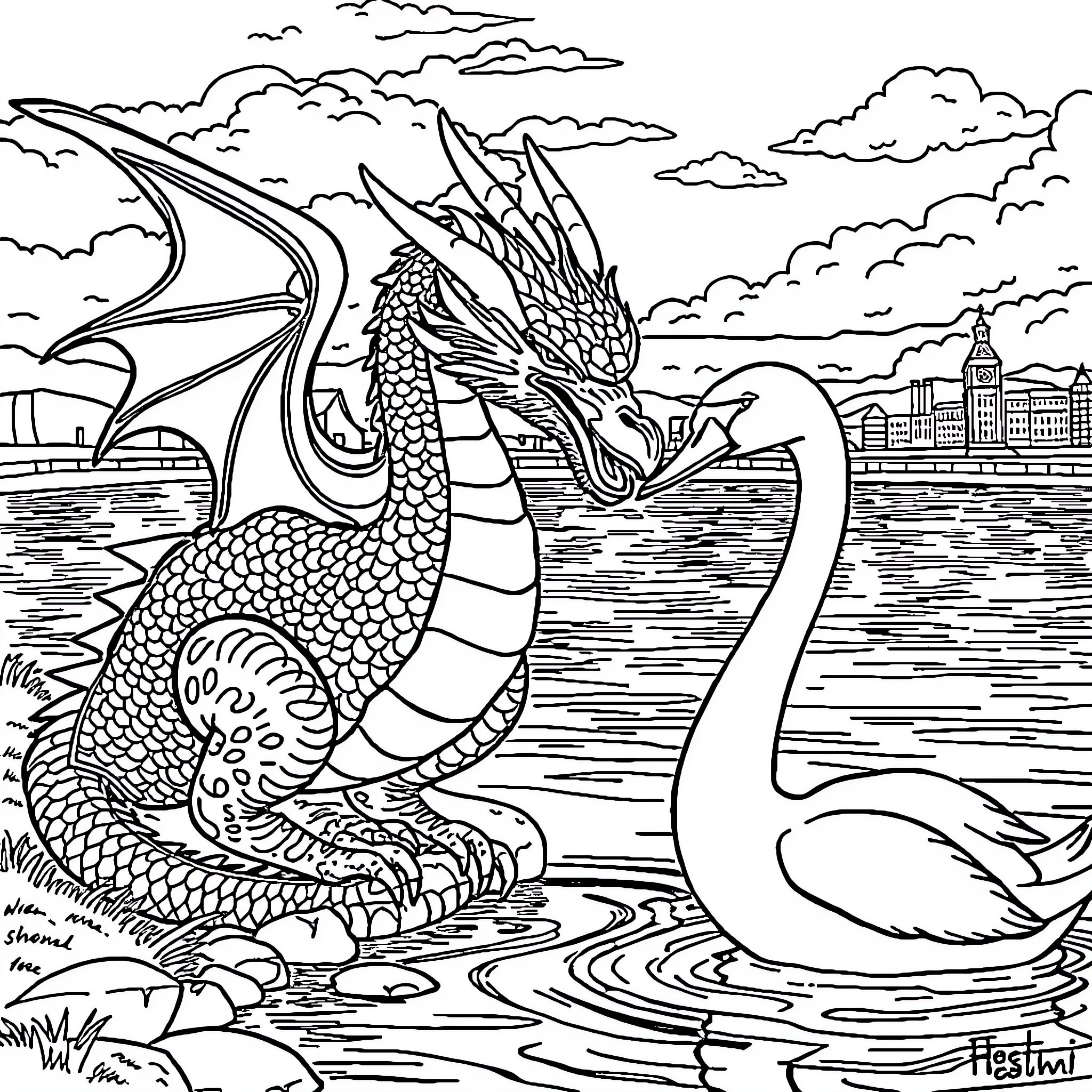 Dragon protecting the lake from swan intruder Coloring Page (free black-and-white line drawing printable PDF for all, from beginners to advanced learners, including children, teens, adults, and seniors)