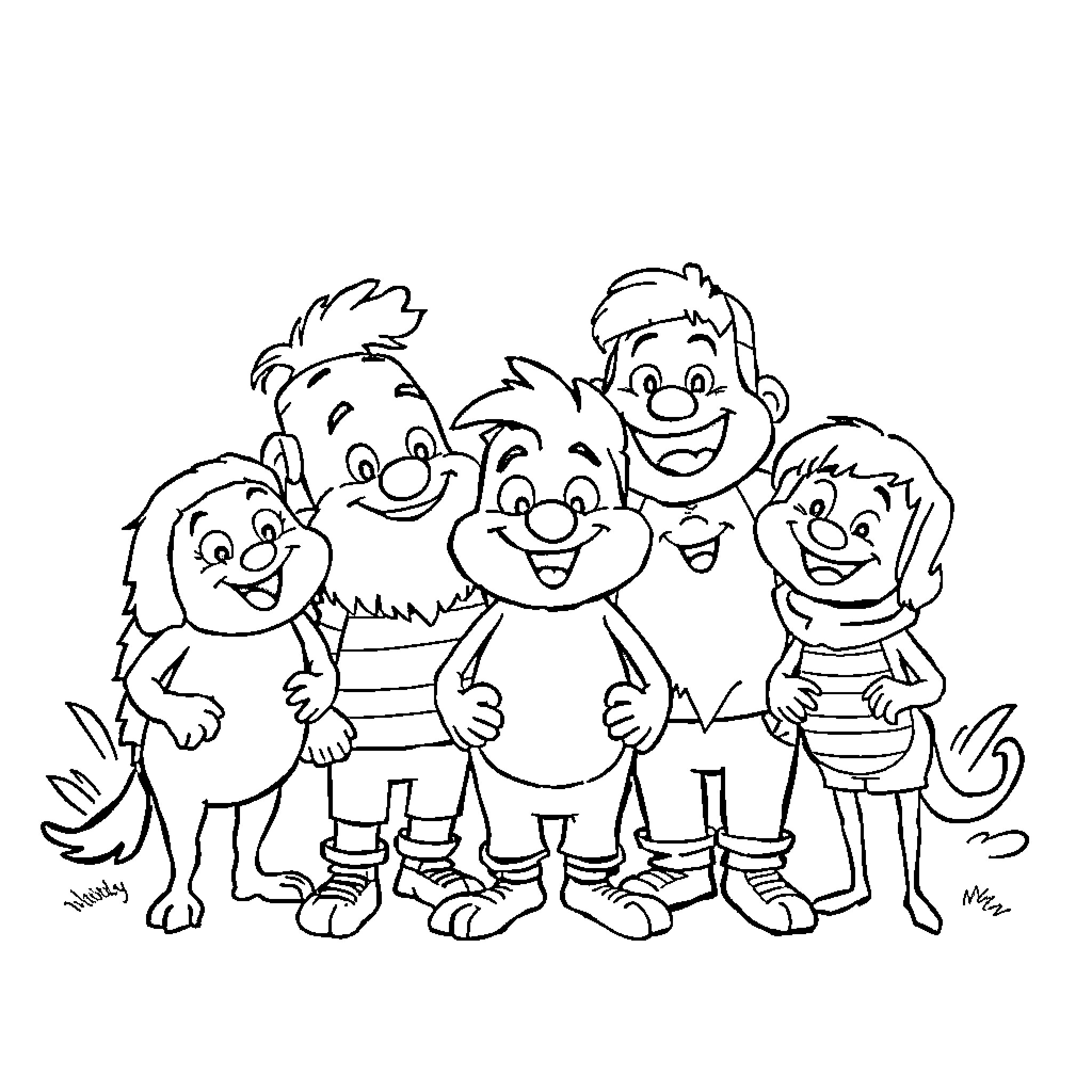 Rubben and Friends Enjoying a Playful Moment Coloring Page (free black-and-white line drawing printable PDF for all, from beginners to advanced learners, including children, teens, adults, and seniors)