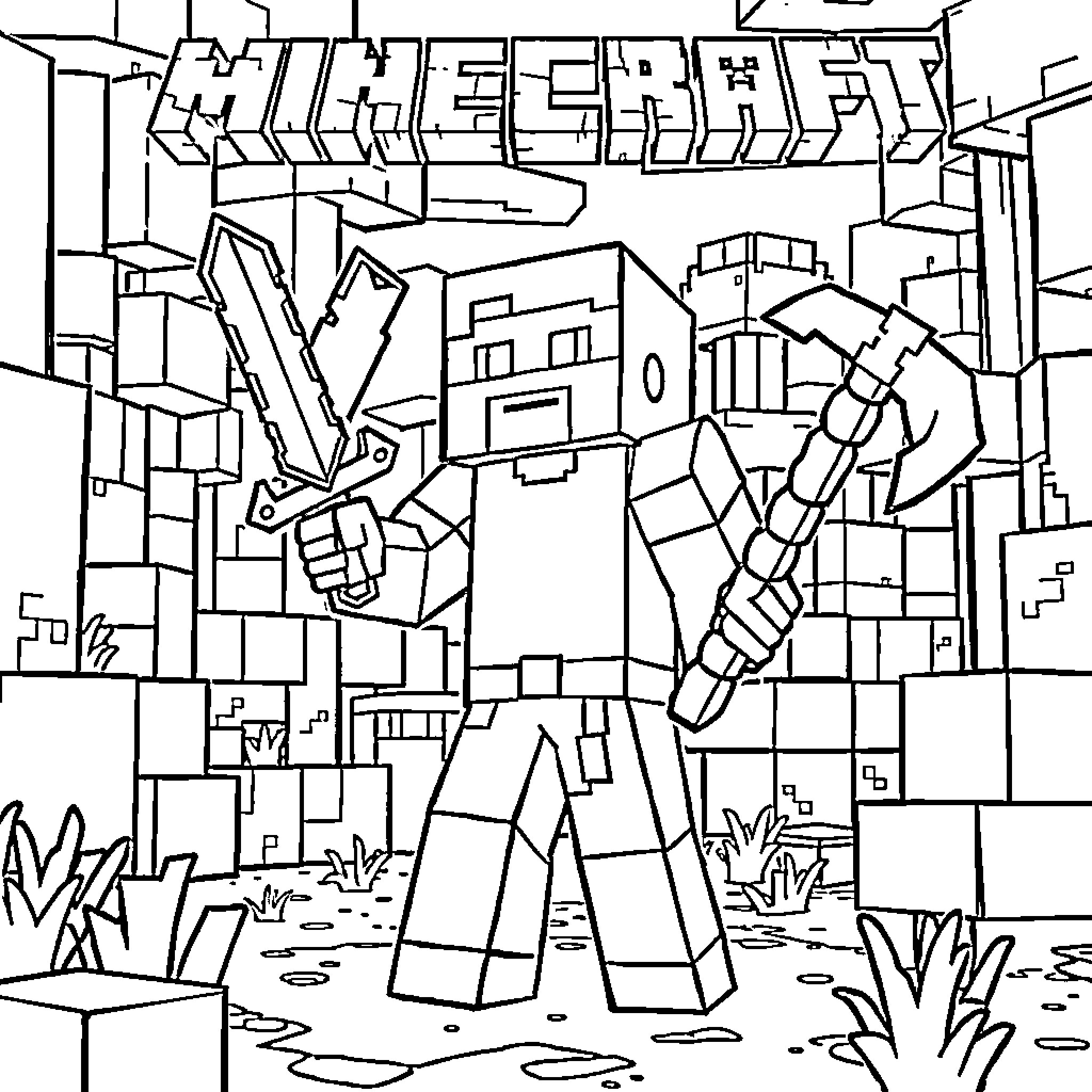Minecraft character in a blocky landscape Coloring Page (free black-and-white line drawing printable PDF for all, from beginners to advanced learners, including children, teens, adults, and seniors)