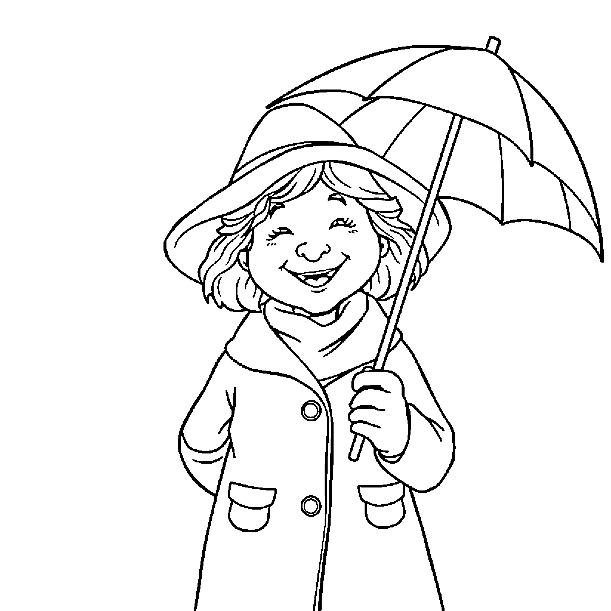 Nanny Puddles walking with umbrella on rainy day Coloring Page (free black-and-white line drawing printable PDF for all, from beginners to advanced learners, including children, teens, adults, and seniors)