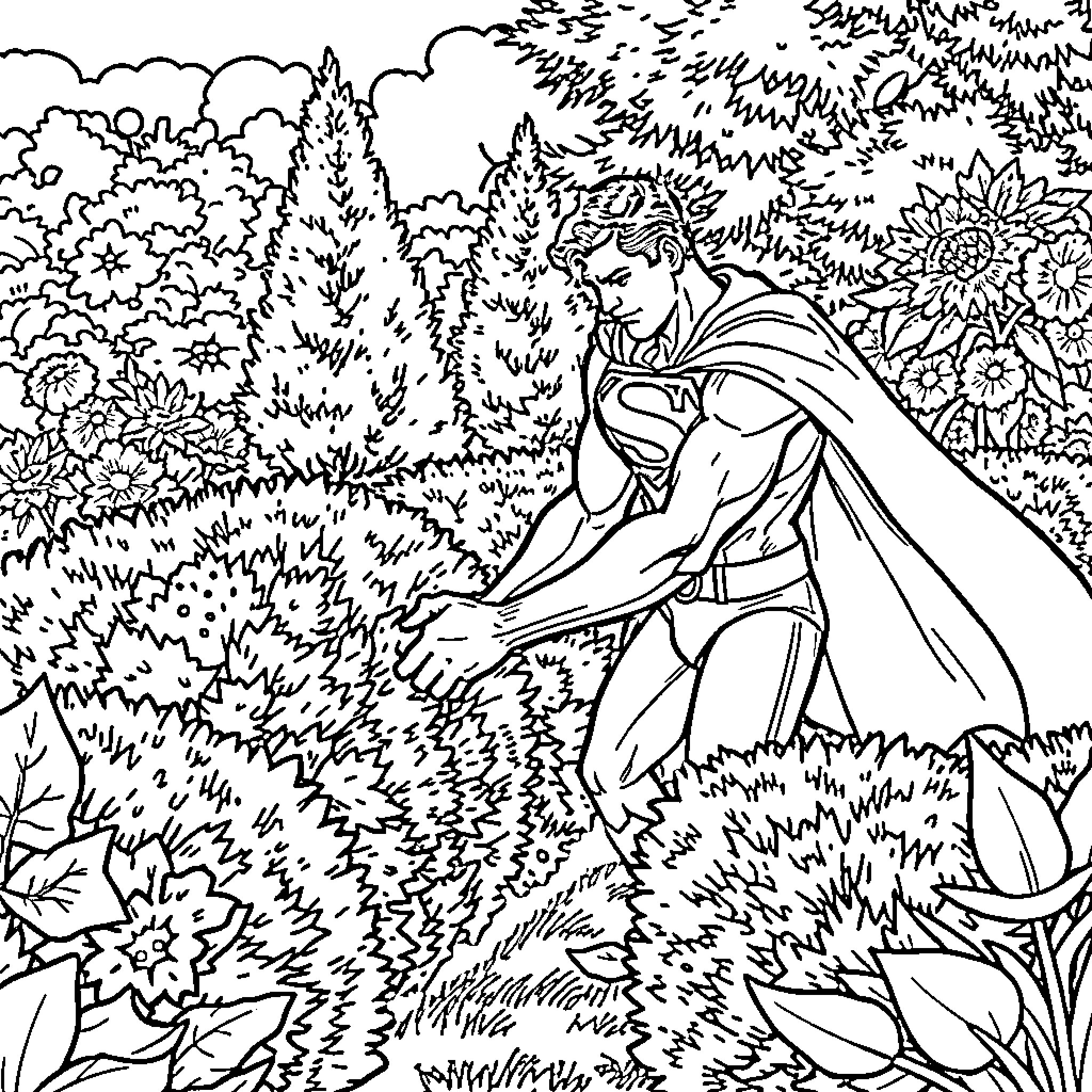 Superman in a lush forest surrounded by nature Coloring Page (free black-and-white line drawing printable PDF for all, from beginners to advanced learners, including children, teens, adults, and seniors)
