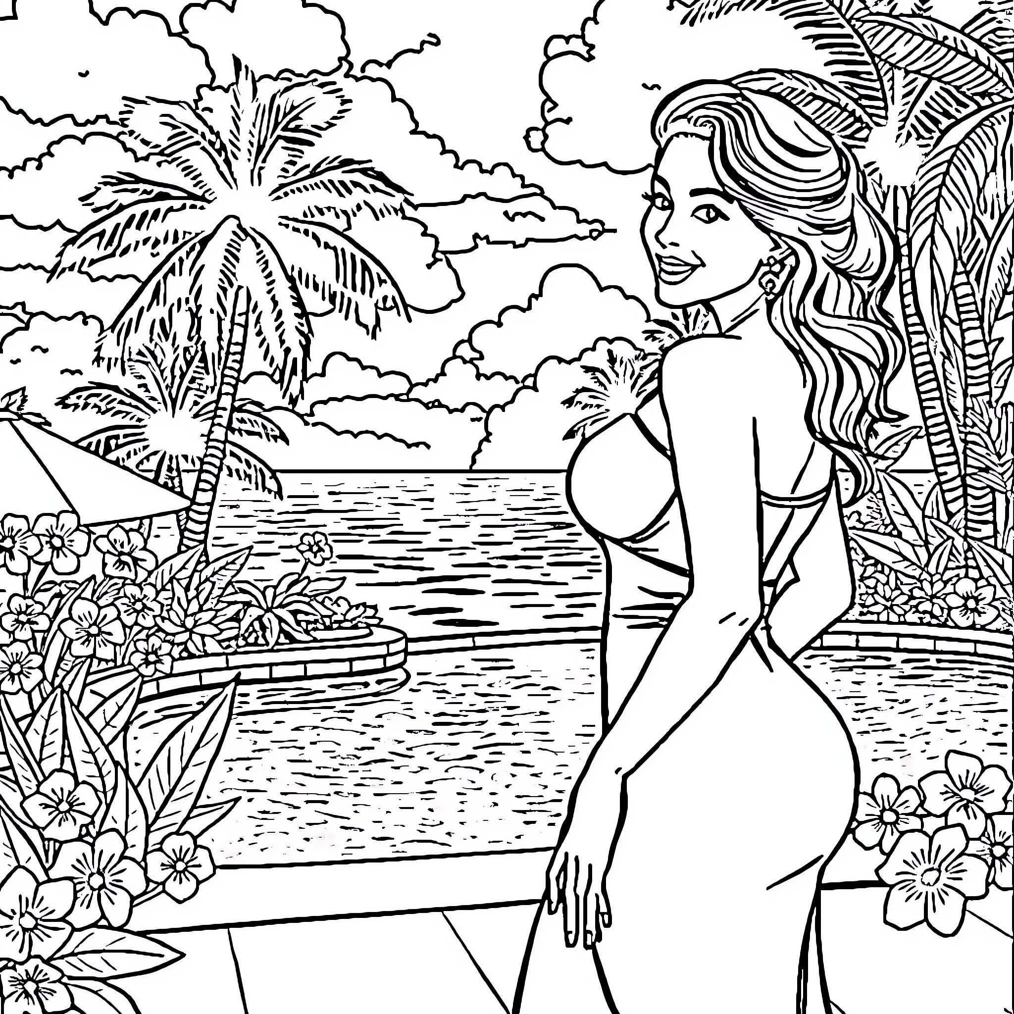 Woman enjoying tropical beach scenery Coloring Page (free black-and-white line drawing printable PDF for all, from beginners to advanced learners, including children, teens, adults, and seniors)