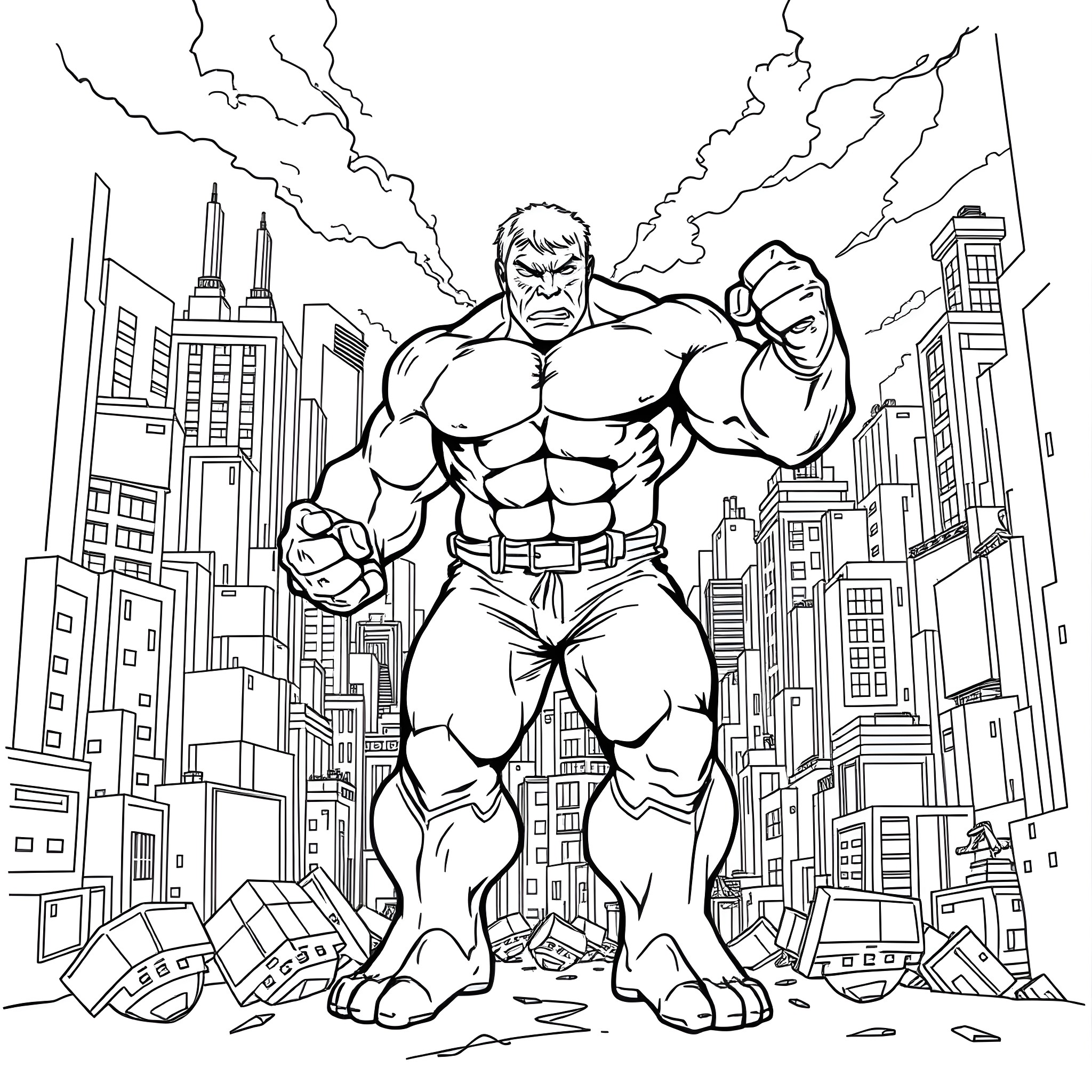 Hulk Unleashes Strength in Towering City Skyline Coloring Page (free black-and-white line drawing printable PDF for all, from beginners to advanced learners, including children, teens, adults, and seniors)