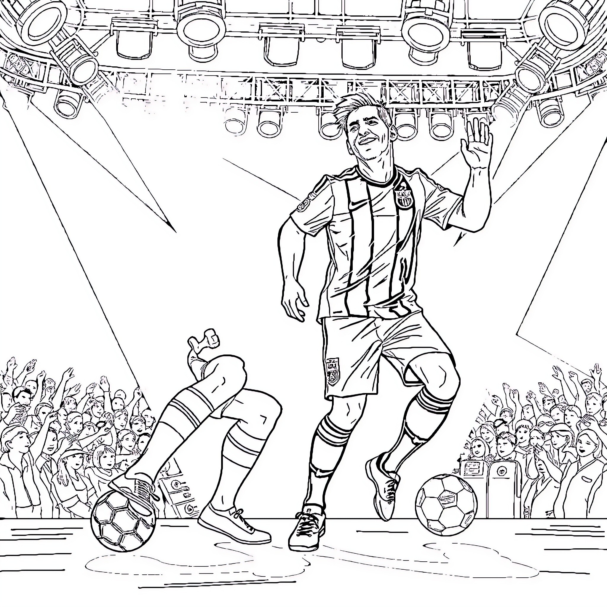 Youtuber Footballer Performing on Stadium Stage Coloring Page (free black-and-white line drawing printable PDF for all, from beginners to advanced learners, including children, teens, adults, and seniors)