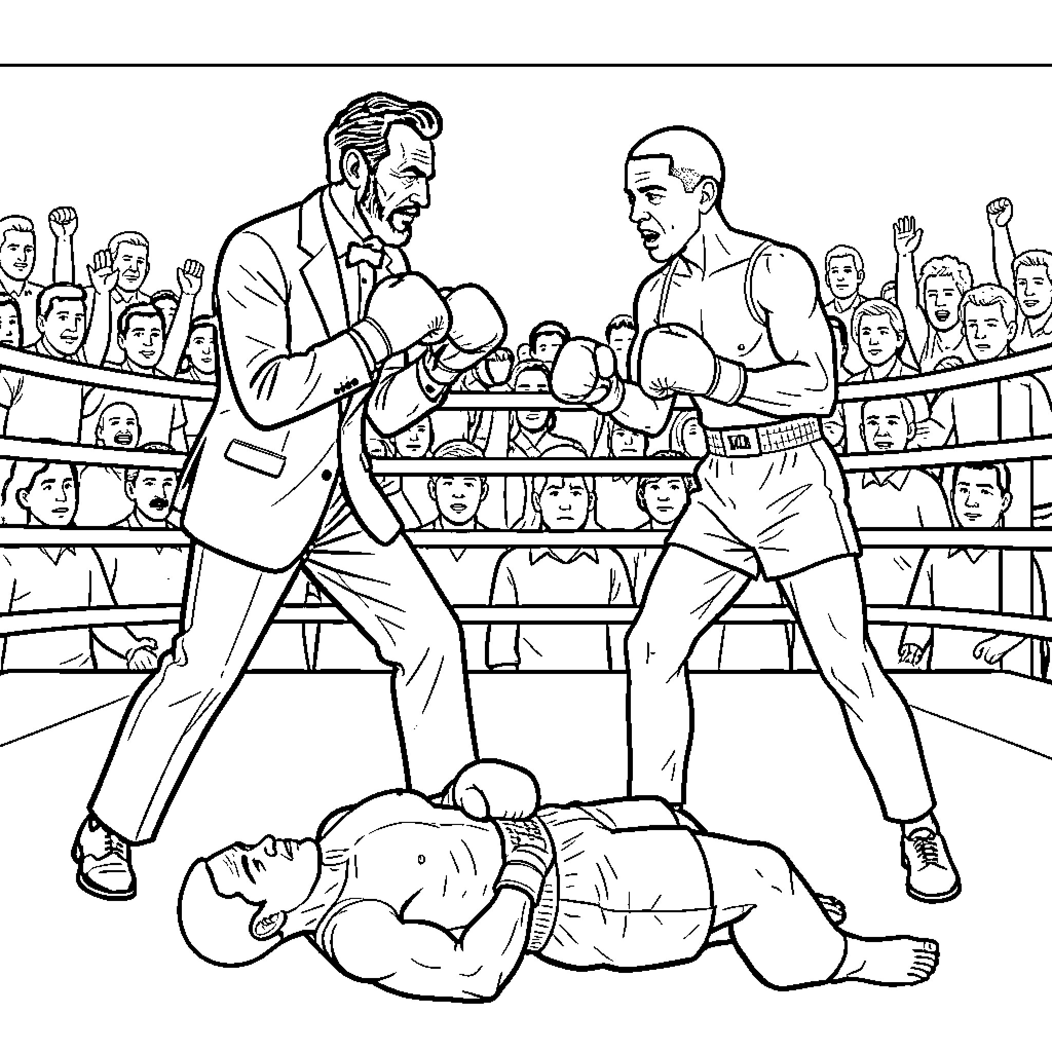 Abraham Lincoln boxing in a match against an opponent Coloring Page (free black-and-white line drawing printable PDF for all, from beginners to advanced learners, including children, teens, adults, and seniors)