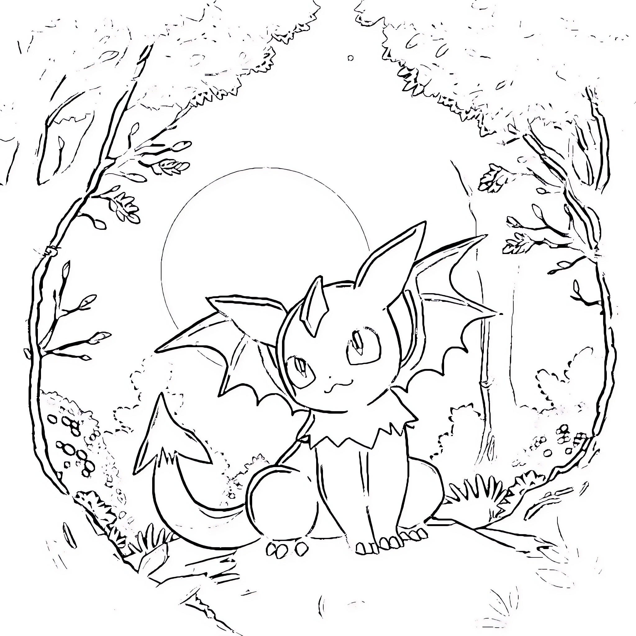 Noctali in a moonlit forest scene Coloring Page (free black-and-white line drawing printable PDF for all, from beginners to advanced learners, including children, teens, adults, and seniors)