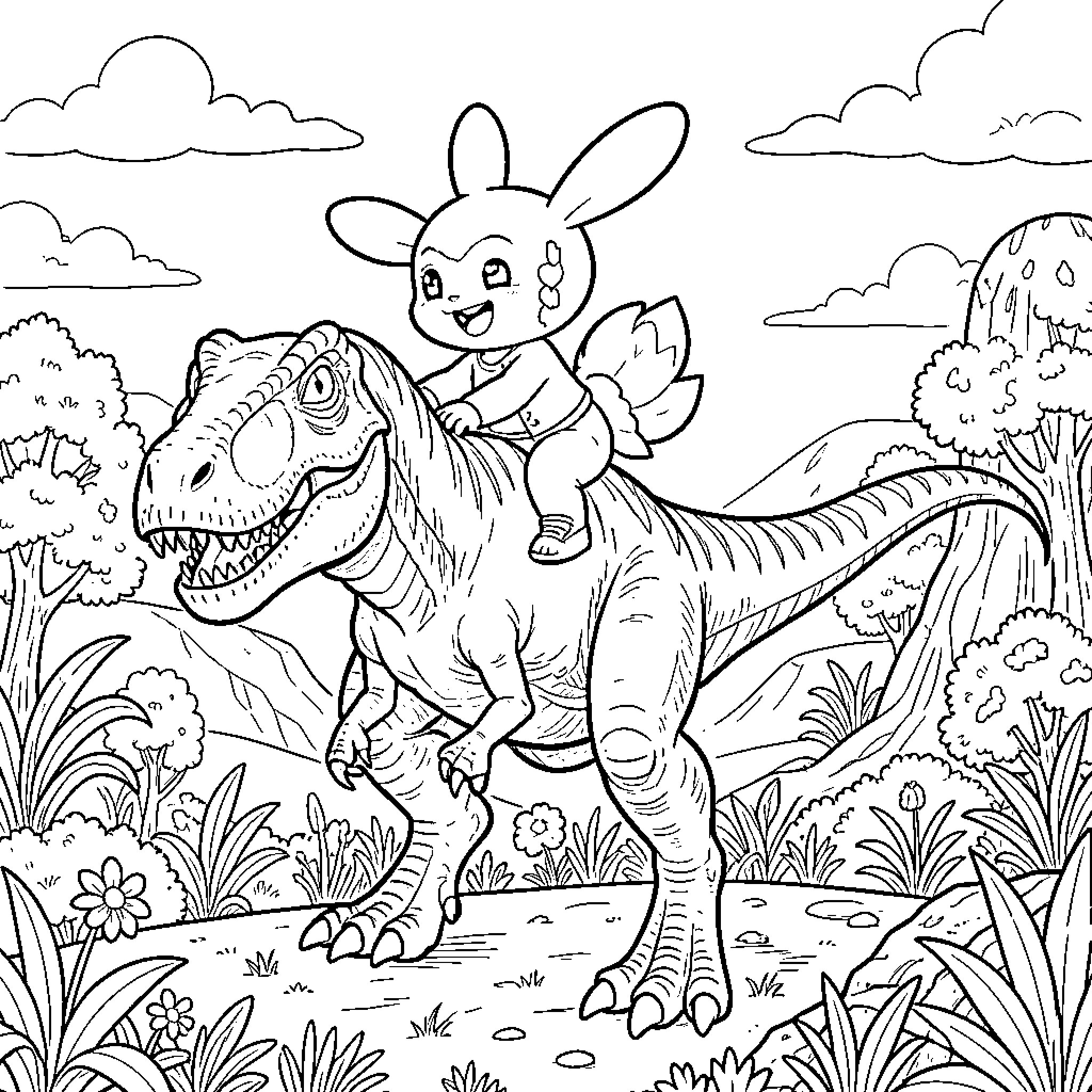 Cinnamoroll riding a friendly dinosaur in the jungle Coloring Page (free black-and-white line drawing printable PDF for all, from beginners to advanced learners, including children, teens, adults, and seniors)